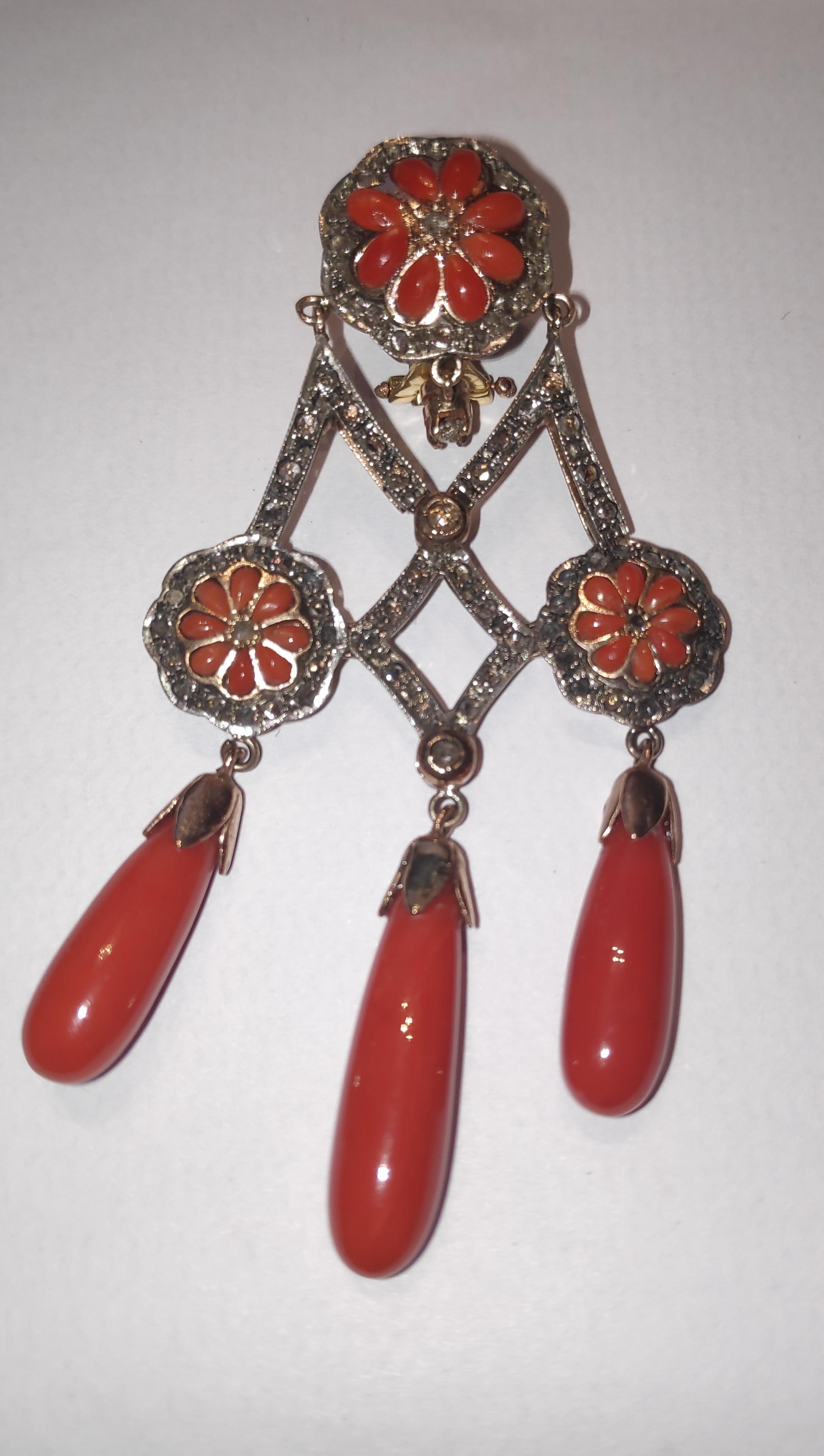 Retro Pendent Earrings with Diamonds Carat 2.20 and Coral Drops For Sale