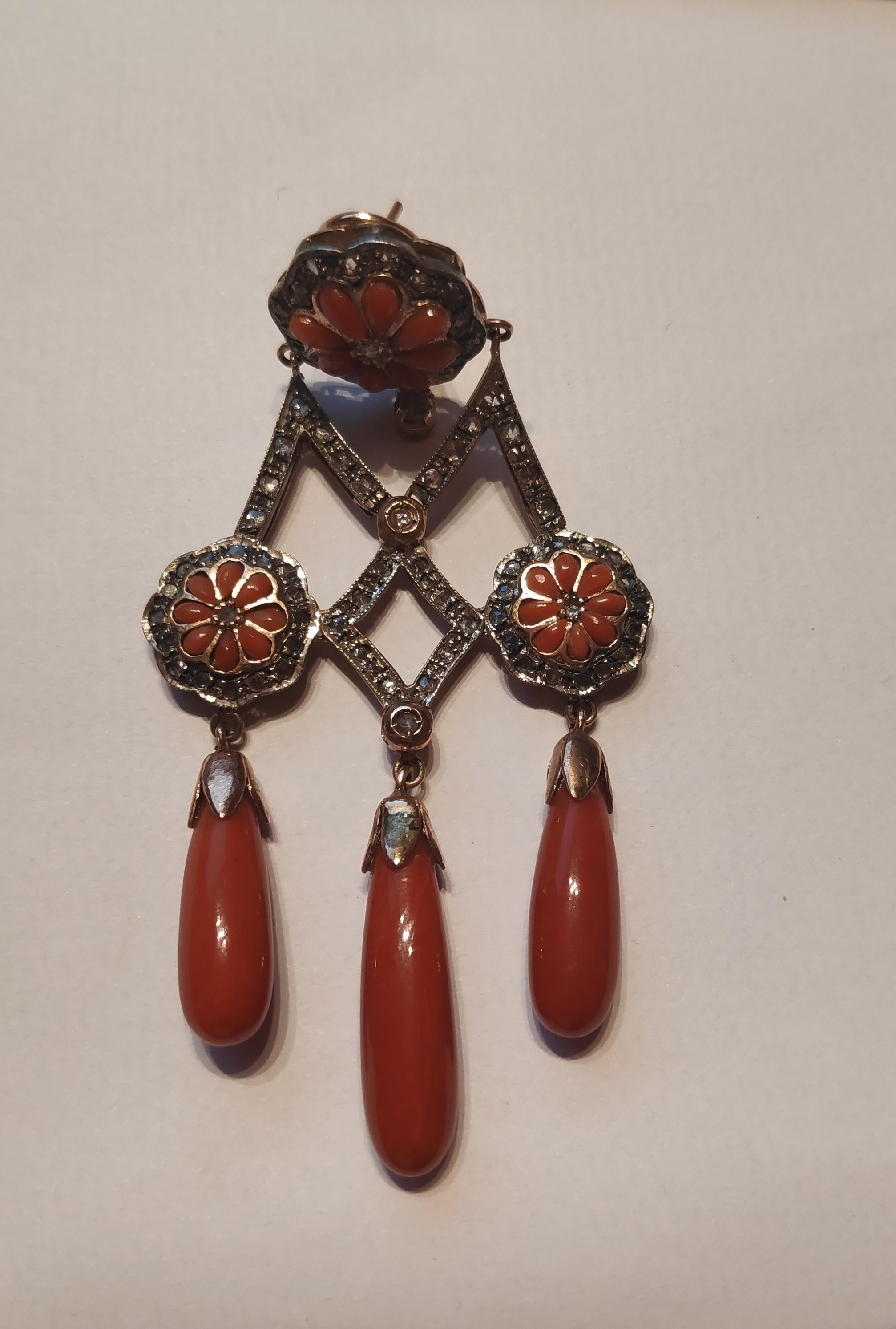Rose Cut Pendent Earrings with Diamonds Carat 2.20 and Coral Drops For Sale