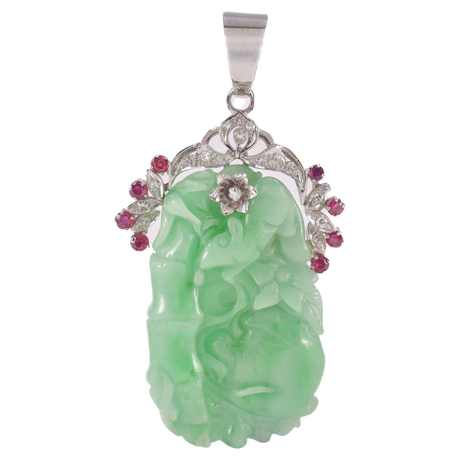 Jade Pendant  jadelite and white gold with diamonds and rubies