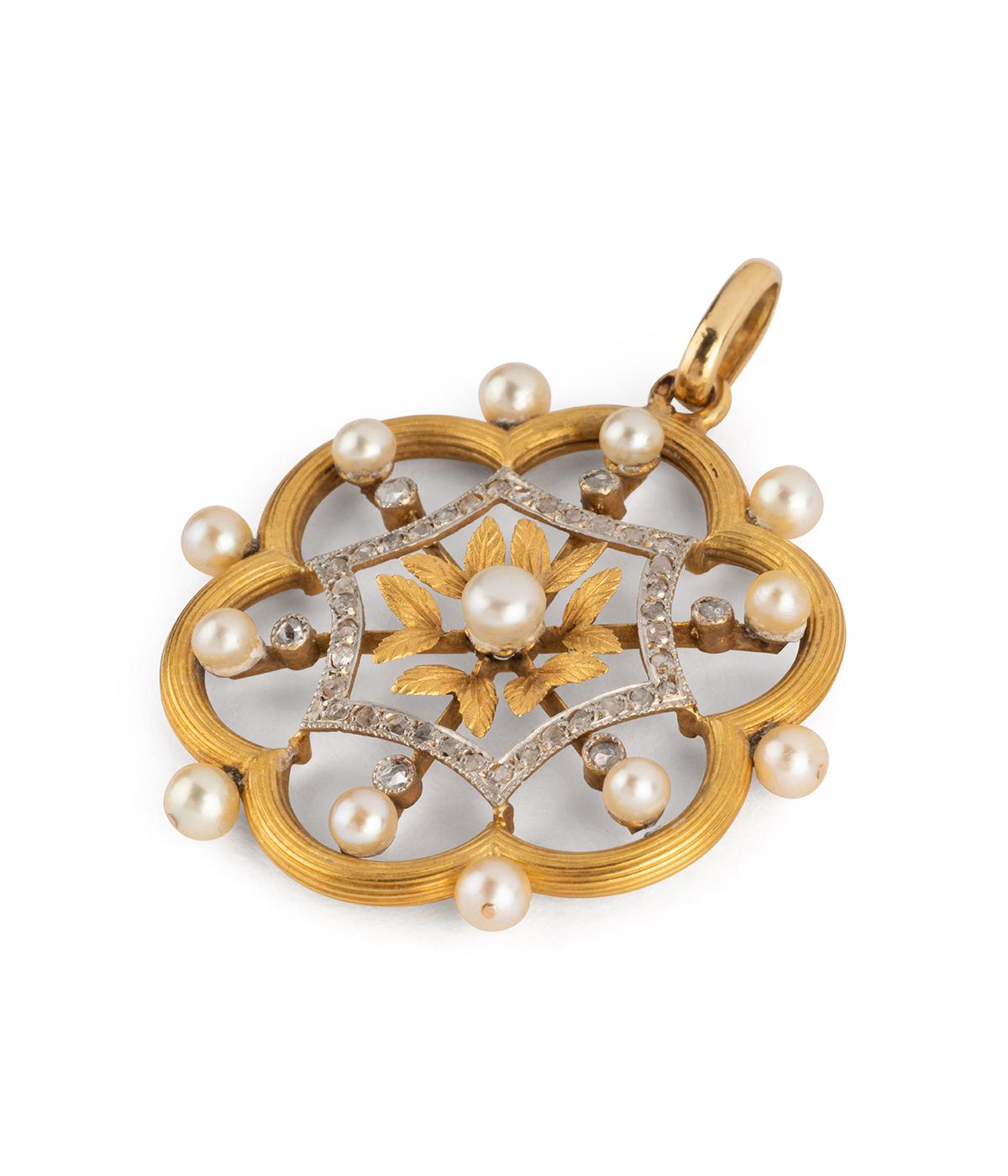 Edwardian Pendentif ancien en or, perles et diamants For Sale