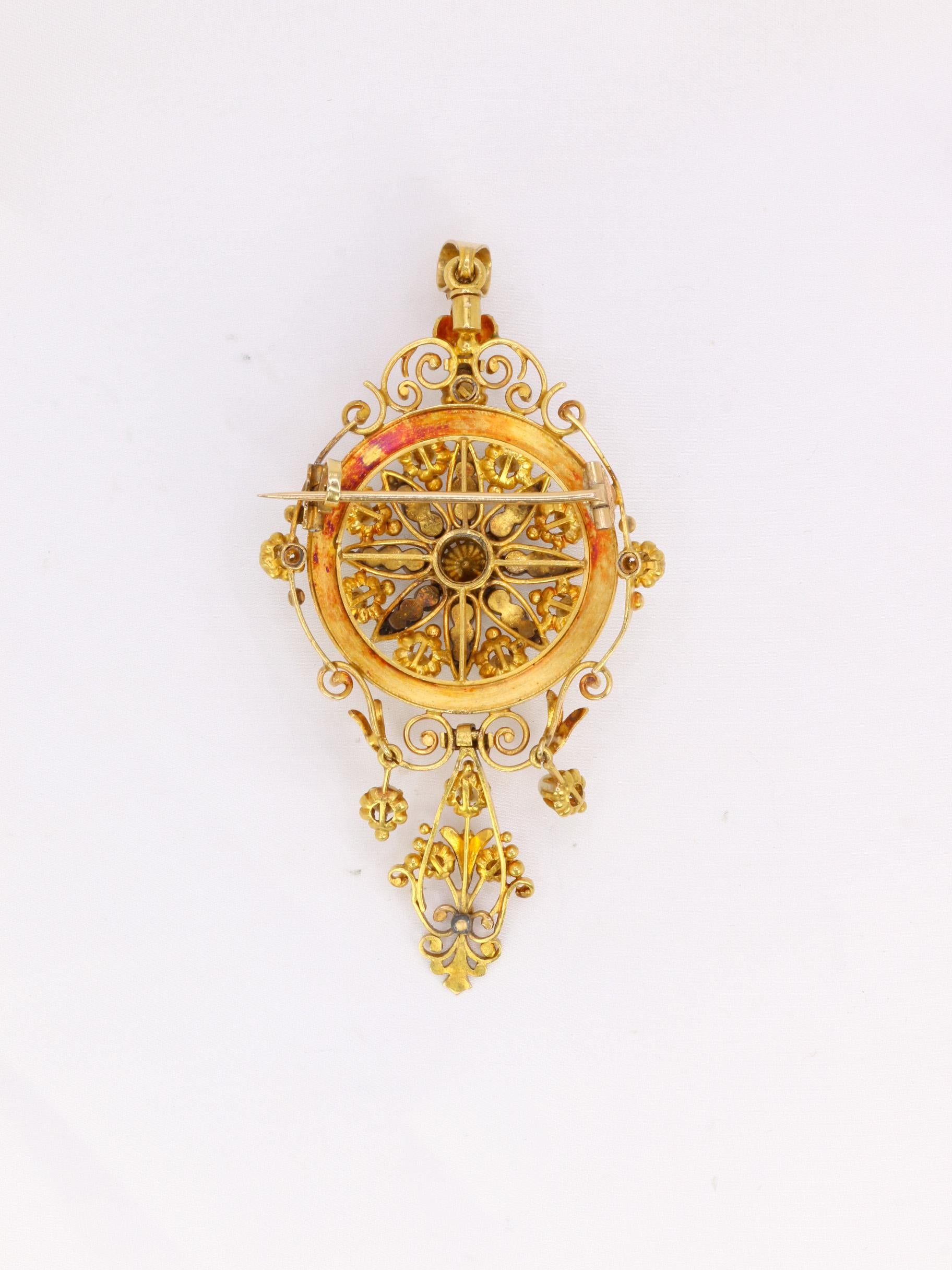 Rose Cut Pendentif Broche Napoléon III en or, diamants et perles fines For Sale