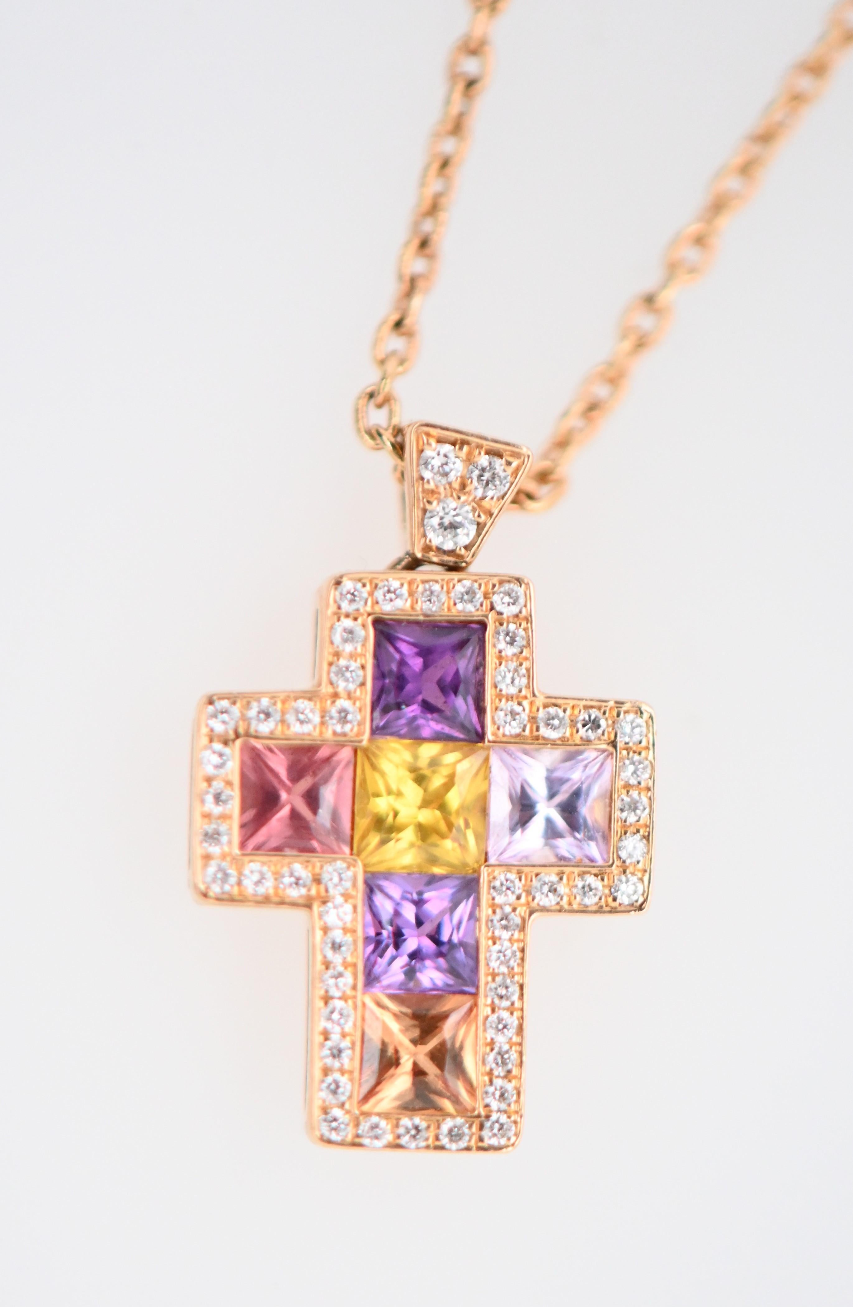 Pendentif Multicolore Cross Saphirs Diamonds Pink Gold 18 Karat In New Condition For Sale In Vannes, FR