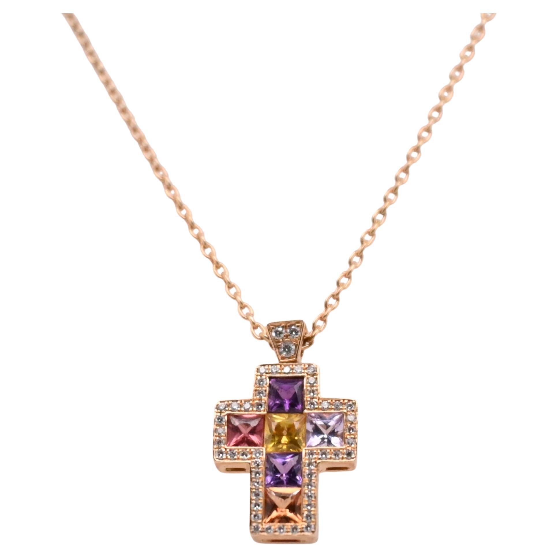 Pendentif Multicolore Cross Saphirs Diamonds Pink Gold 18 Karat For Sale