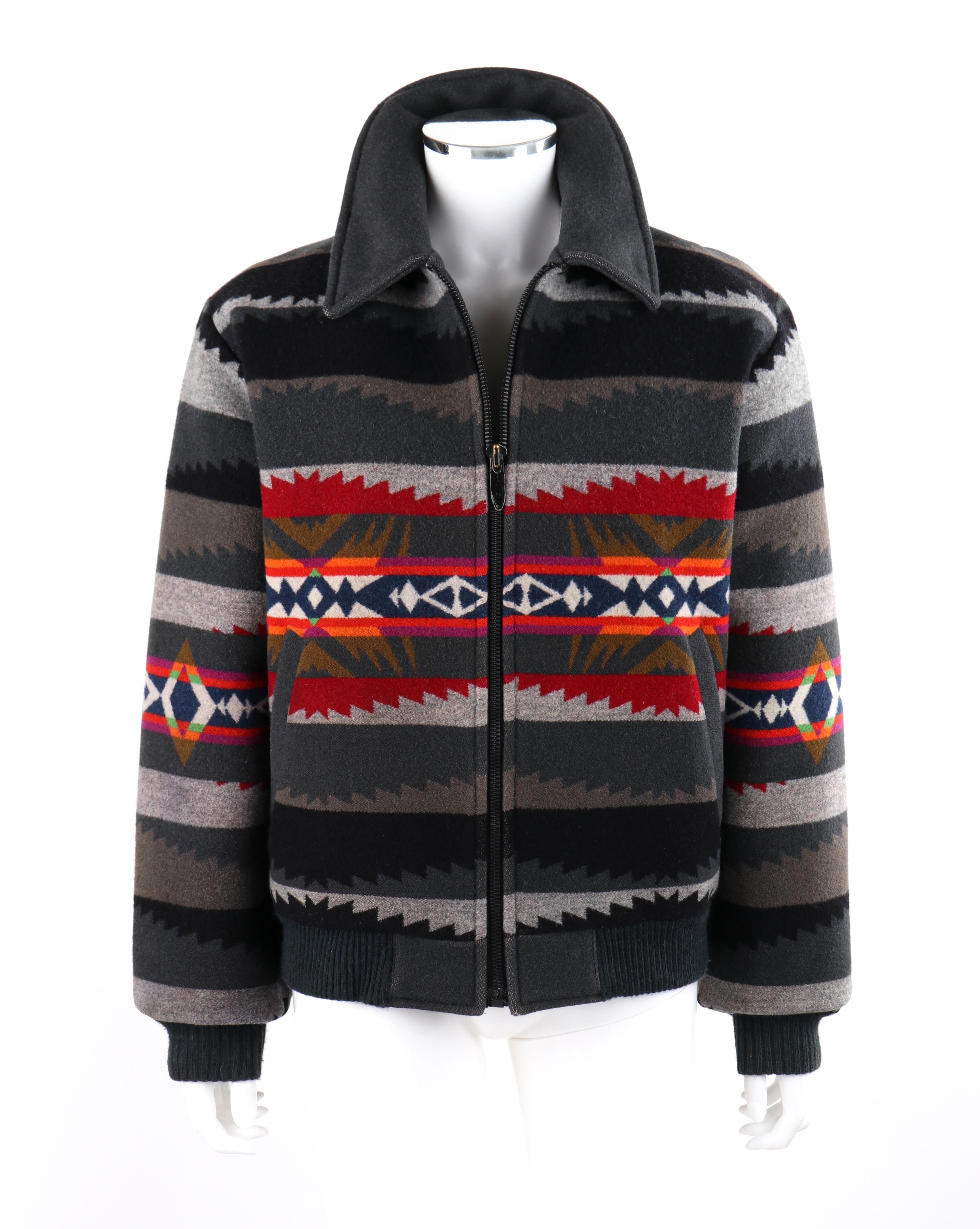 PENDLETON c.1990’s 'High Grade Westernwear' Multicolor Southwestern Print Jacket

Brand / Manufacturer:  Pendleton
Collection: High Grade Westernwear
Style: Jacket
Color(s): Shades of gray, red, orange purple, green, blue, brown, and black. 
Lined: