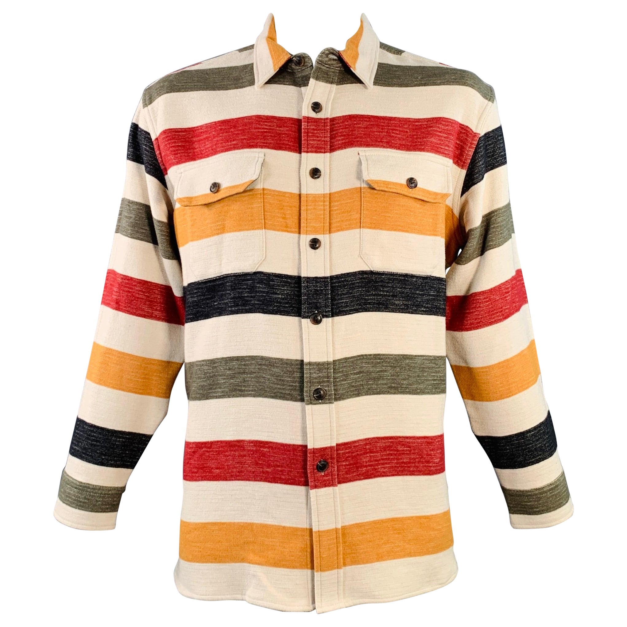 PENDLETON Size L Cream Multi Color Stripe Cotton Oversized Long Sleeve Shirt For Sale