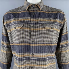 PENDLETON Size L Navy Tan Houndstooth Stripe Wool Long Sleeve Shirt