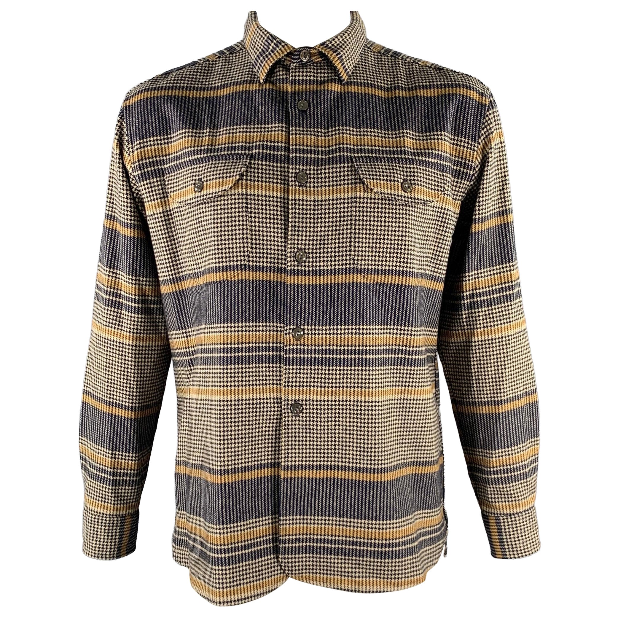 PENDLETON Size L Navy Tan Houndstooth Stripe Wool Long Sleeve Shirt