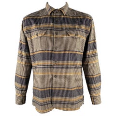 PENDLETON Size L Navy Tan Houndstooth Stripe Wool Long Sleeve Shirt