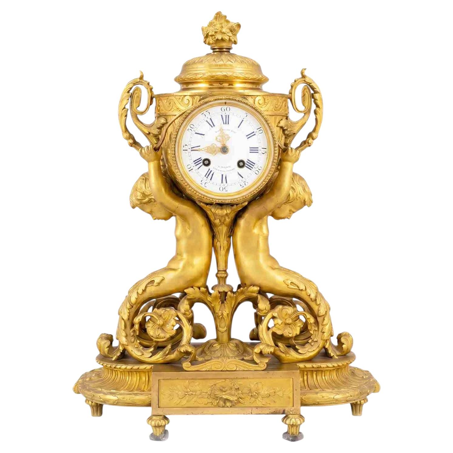 Antique French Gilded Bronze Pendulum Clock, Lassalle & C., 1870s, Anthropomorphic Figures