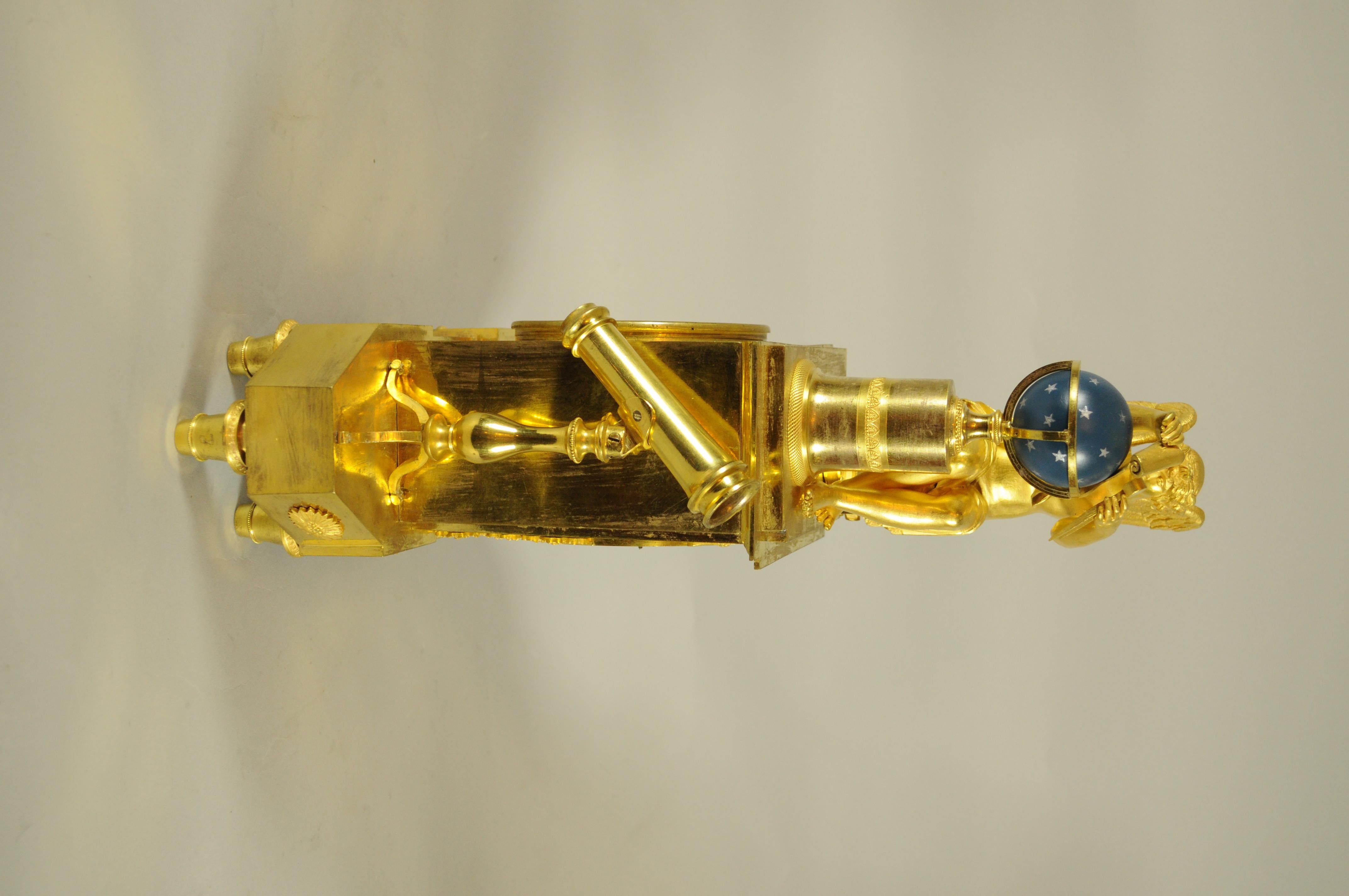 French gilt bronze pendulum allegory Astronomy, astrolabe ormolu. Empire. For Sale 3