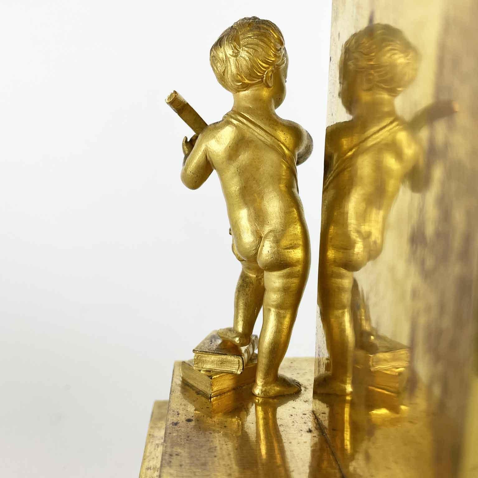 French Empire Pendulum In Gilt Bronze Early 1800s With Putti and Bookcase For Sale 3
