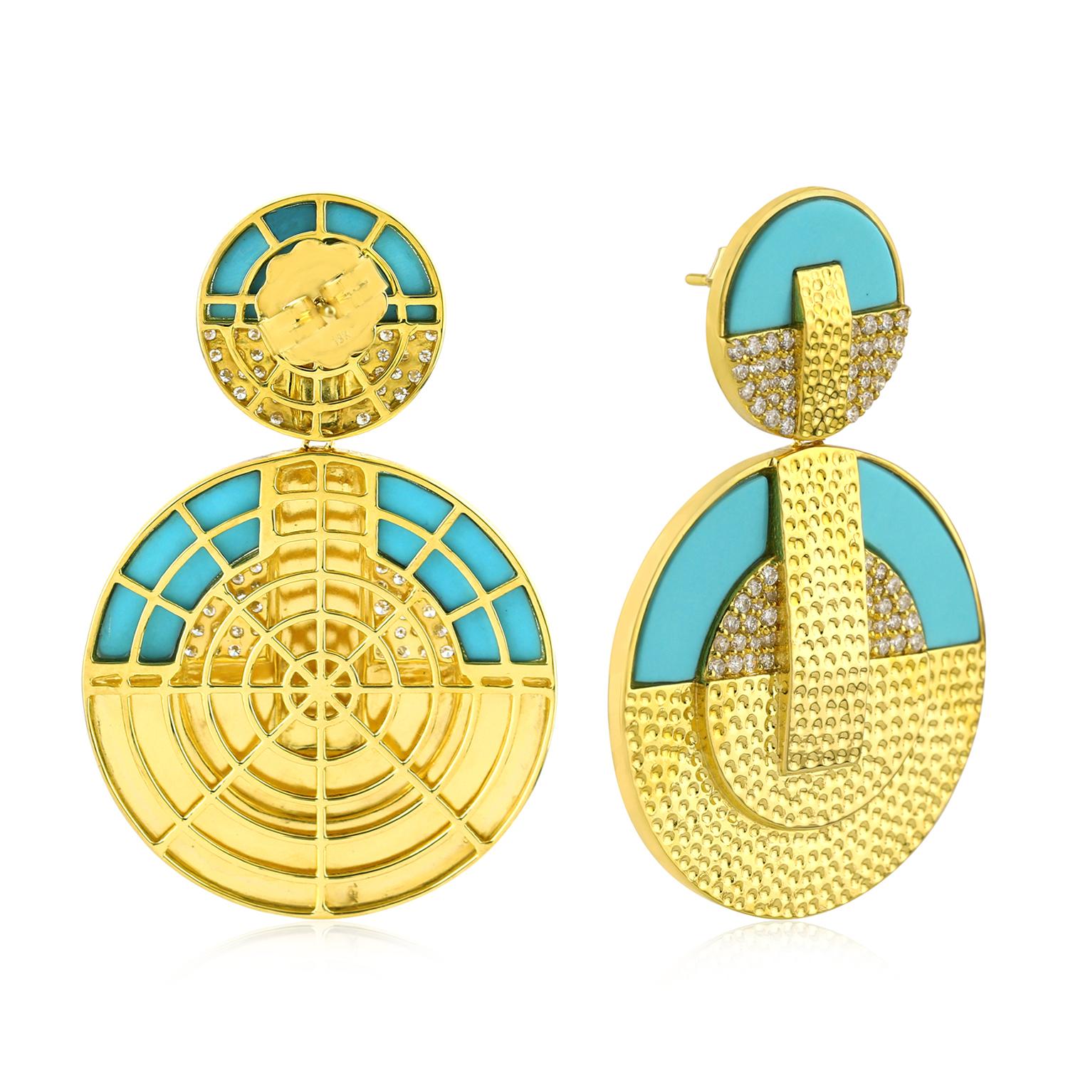 Contemporary Pendulam Shaped Turquoise & Diamonds Earrings Made In 18k Yellow Gold For Sale