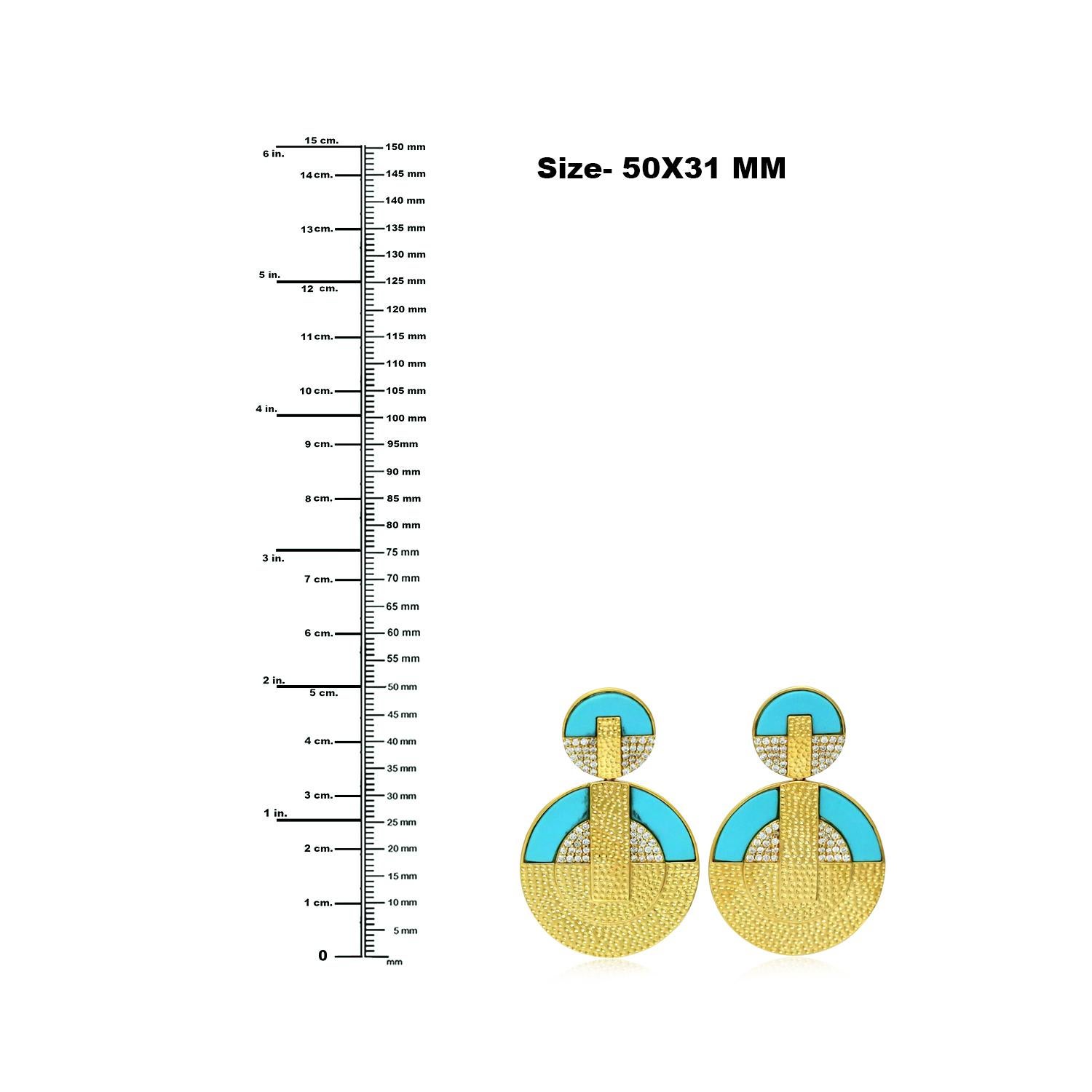 Mixed Cut Pendulam Shaped Turquoise & Diamonds Earrings Made In 18k Yellow Gold For Sale