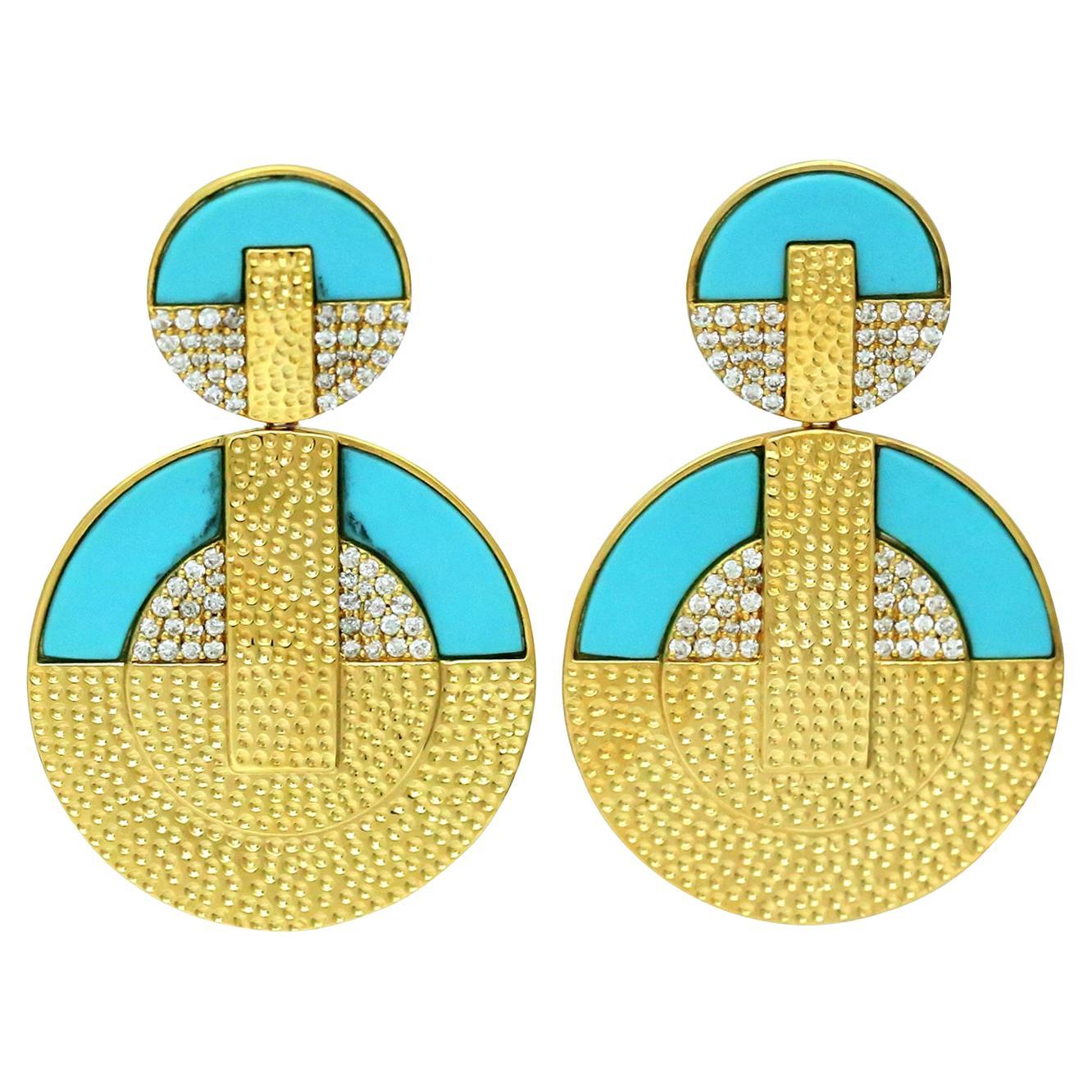 Pendulam Shaped Turquoise & Diamonds Earrings Made In 18k Yellow Gold For Sale