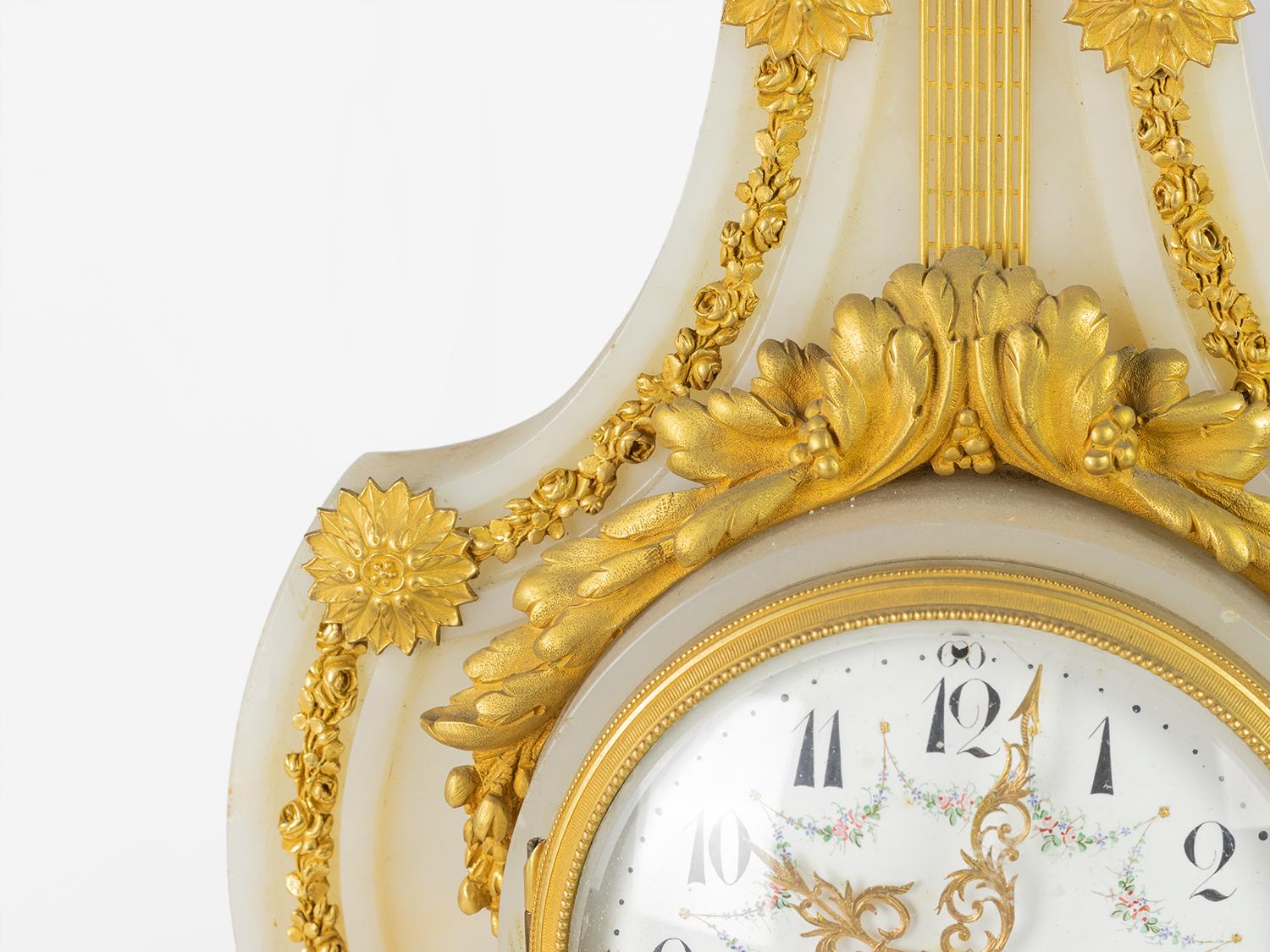 Metal Pendule Lyre Luis XVI White Marble Clock, 19th Century For Sale
