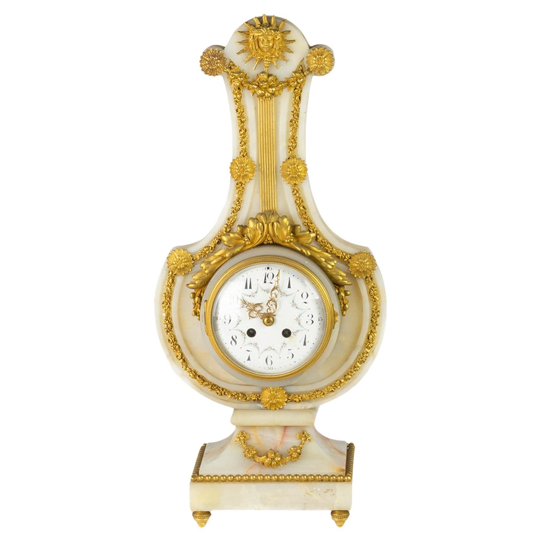 Pendule Lyre Luis XVI White Marble Clock, 19th Century For Sale