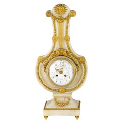 Antique Pendule Lyre Luis XVI White Marble Clock, 19th Century