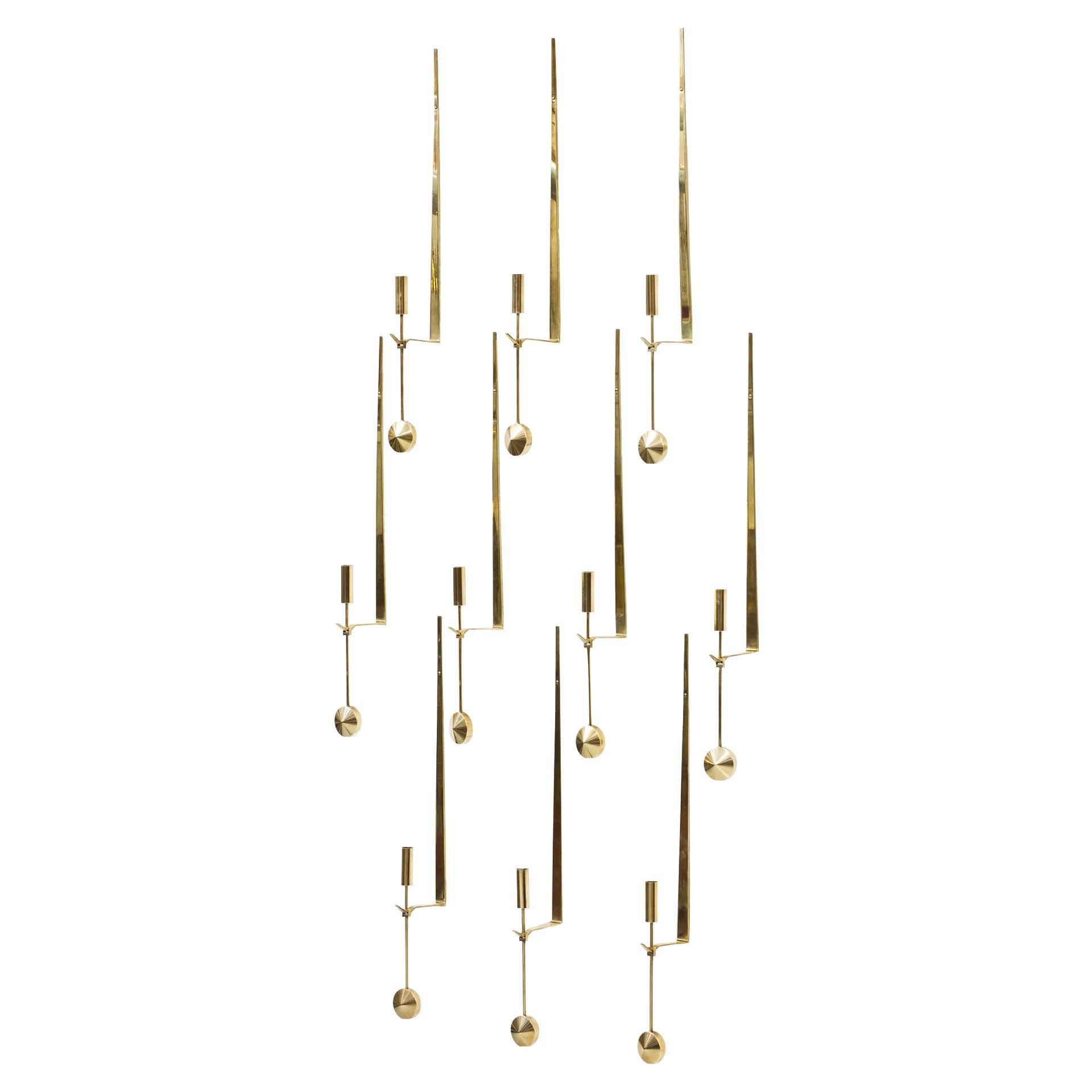 "Pendulum" Brass Wall Mounted Candlesticks by Pierre Forssell, Set of 10