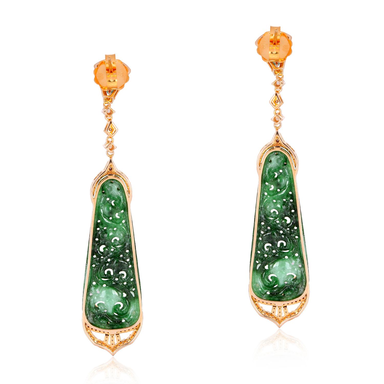 Contemporary Pendulum Shaped Carved Jade Dangle Earrings with Emerald & Diamonds For Sale