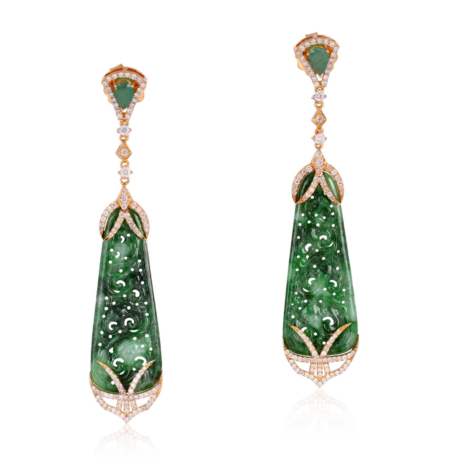 Mixed Cut Pendulum Shaped Carved Jade Dangle Earrings with Emerald & Diamonds For Sale