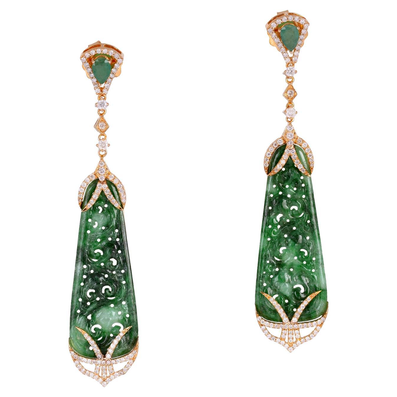 Pendulum Shaped Carved Jade Dangle Earrings with Emerald & Diamonds For Sale