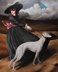 Circumstances of Birth - Masked Girl in a Old World Black Dress & Hat with Dogs