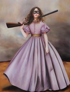 Curious Work - Oil Painting of a Masked Girl in a Old World Pink Dress & Gun