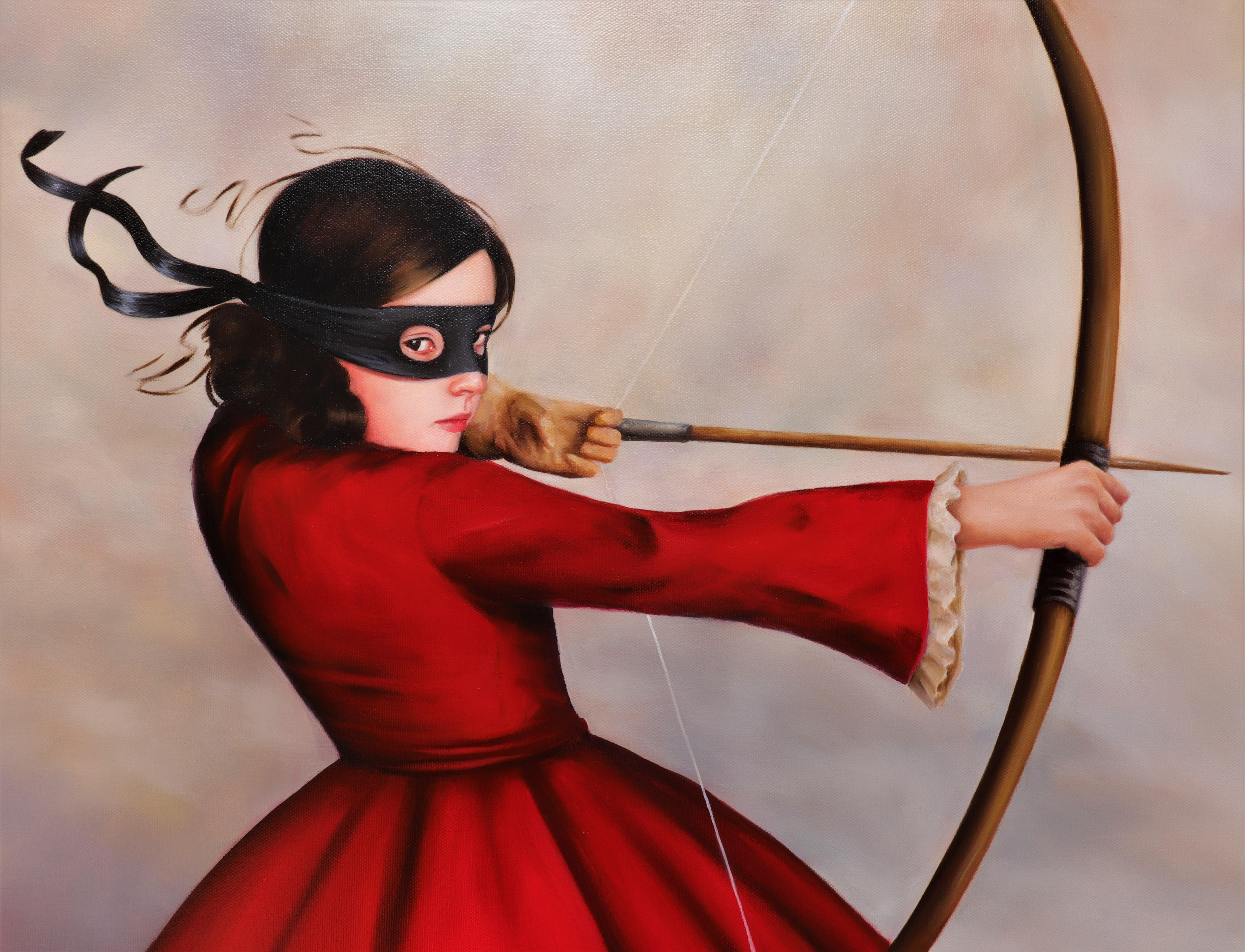 How To Get Started In Hunting - Robe rouge masquée « Old World » avec nœud et flèche - Maîtres anciens Painting par Penelope Boyd