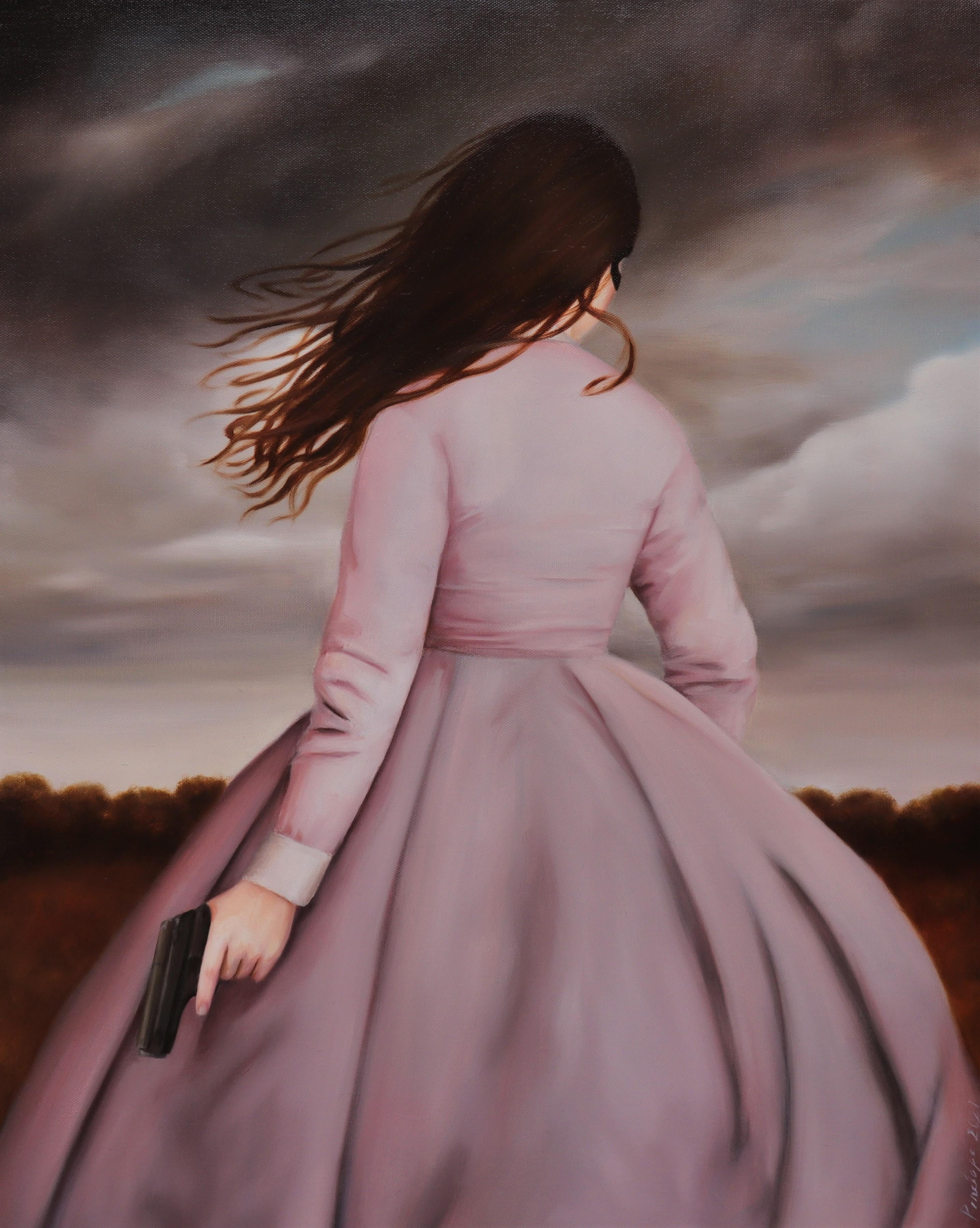 Penelope Boyd Portrait Painting - Morality is Intrinsically Rewarding -  Girl in a Old World Pink Dress & Gun