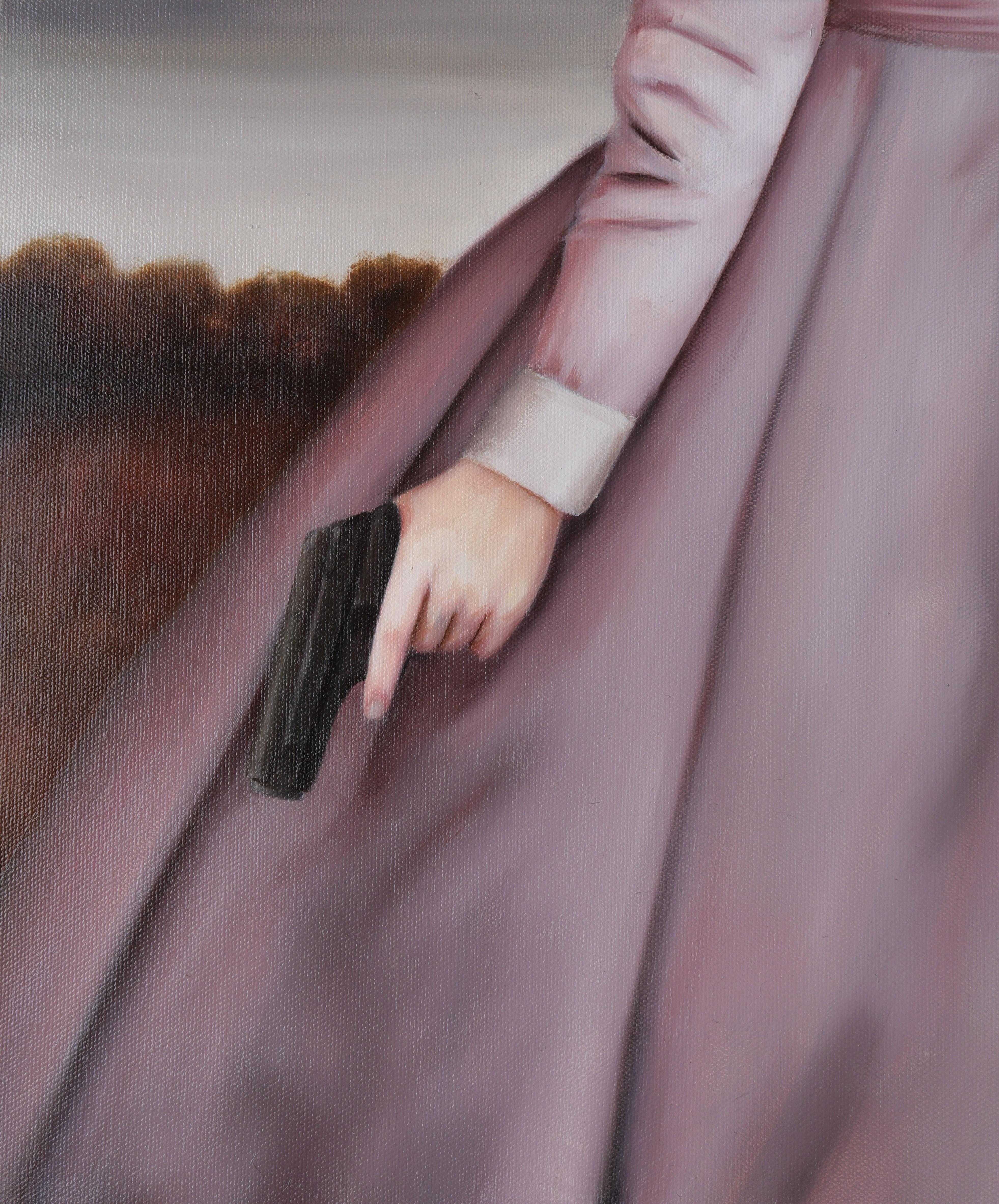 Morality is Intrinsically Rewarding -  Girl in a Old World Pink Dress & Gun - Painting by Penelope Boyd