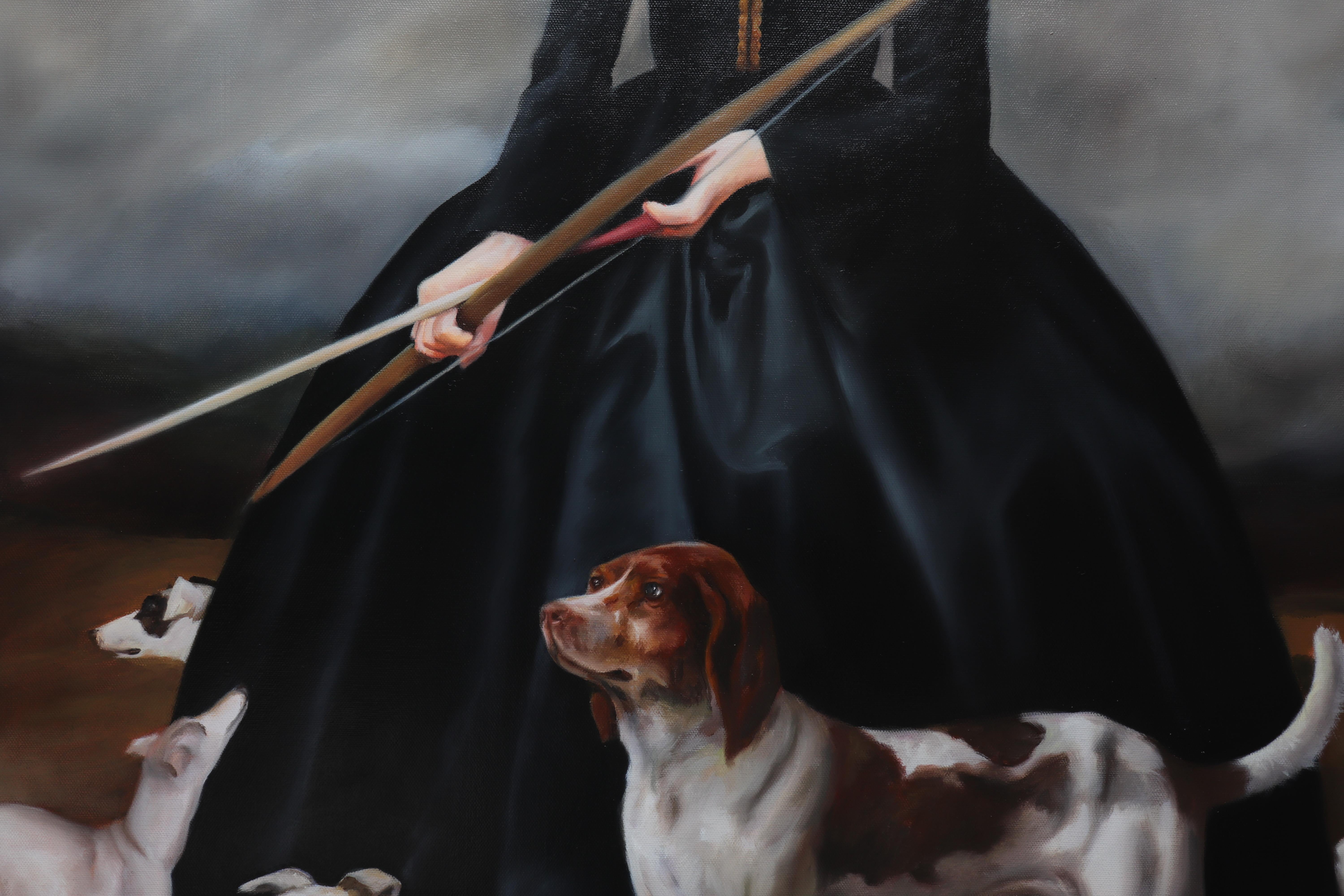 Rescue Rescues - Maskiertes Mädchen in einer alten Welt Schwarzes Kleid mit Hunden in einer wolkenblauen Landschaft (Alte Meister), Painting, von Penelope Boyd