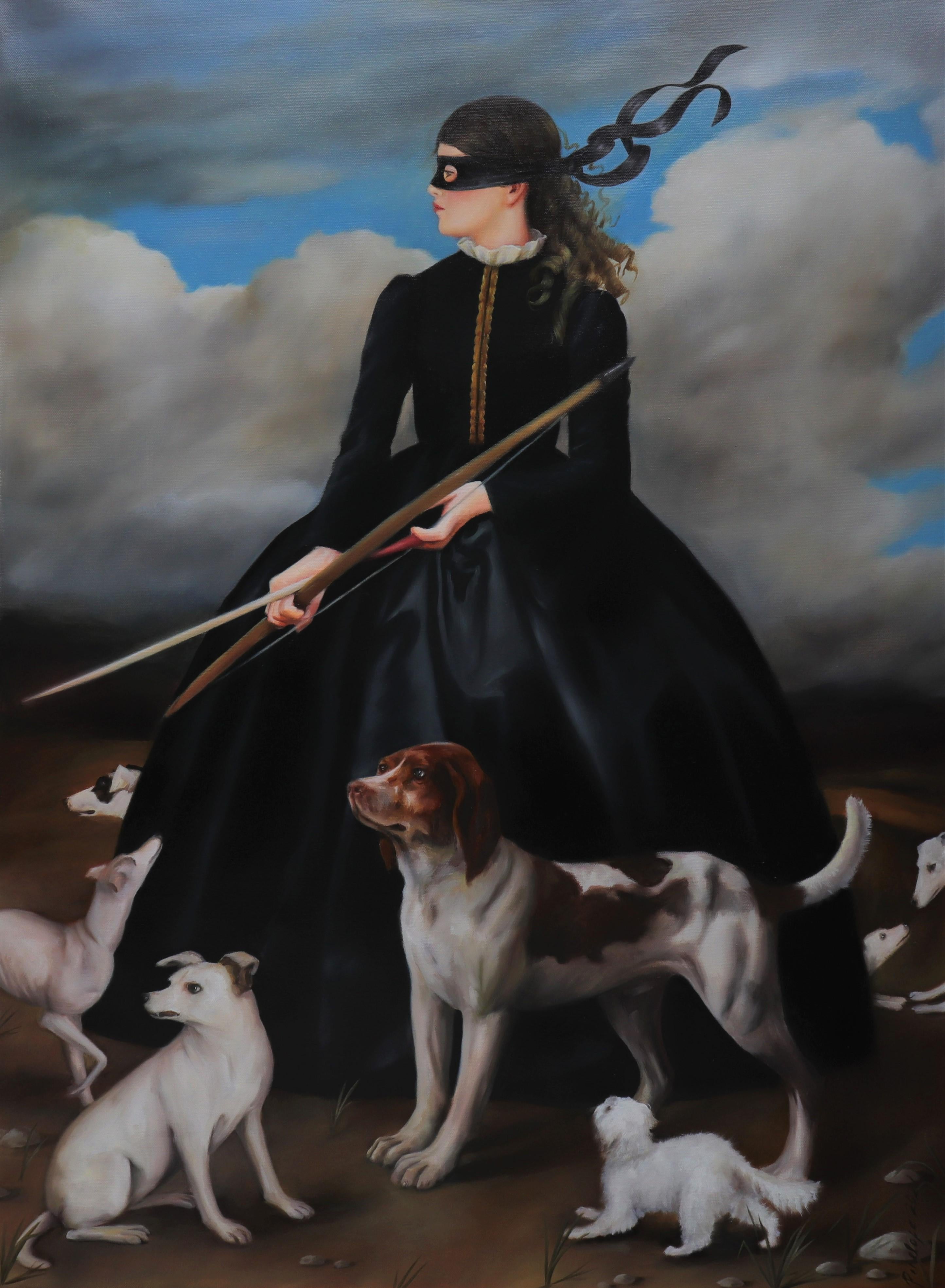 Penelope Boyd Portrait Painting - Rescues - Masked Girl in a Old World Black Dress with Dogs in a Cloudy Landscape