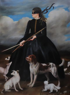 Rescues - Masked Girl in a Old World Black Dress with Dogs in a Cloudy Landscape