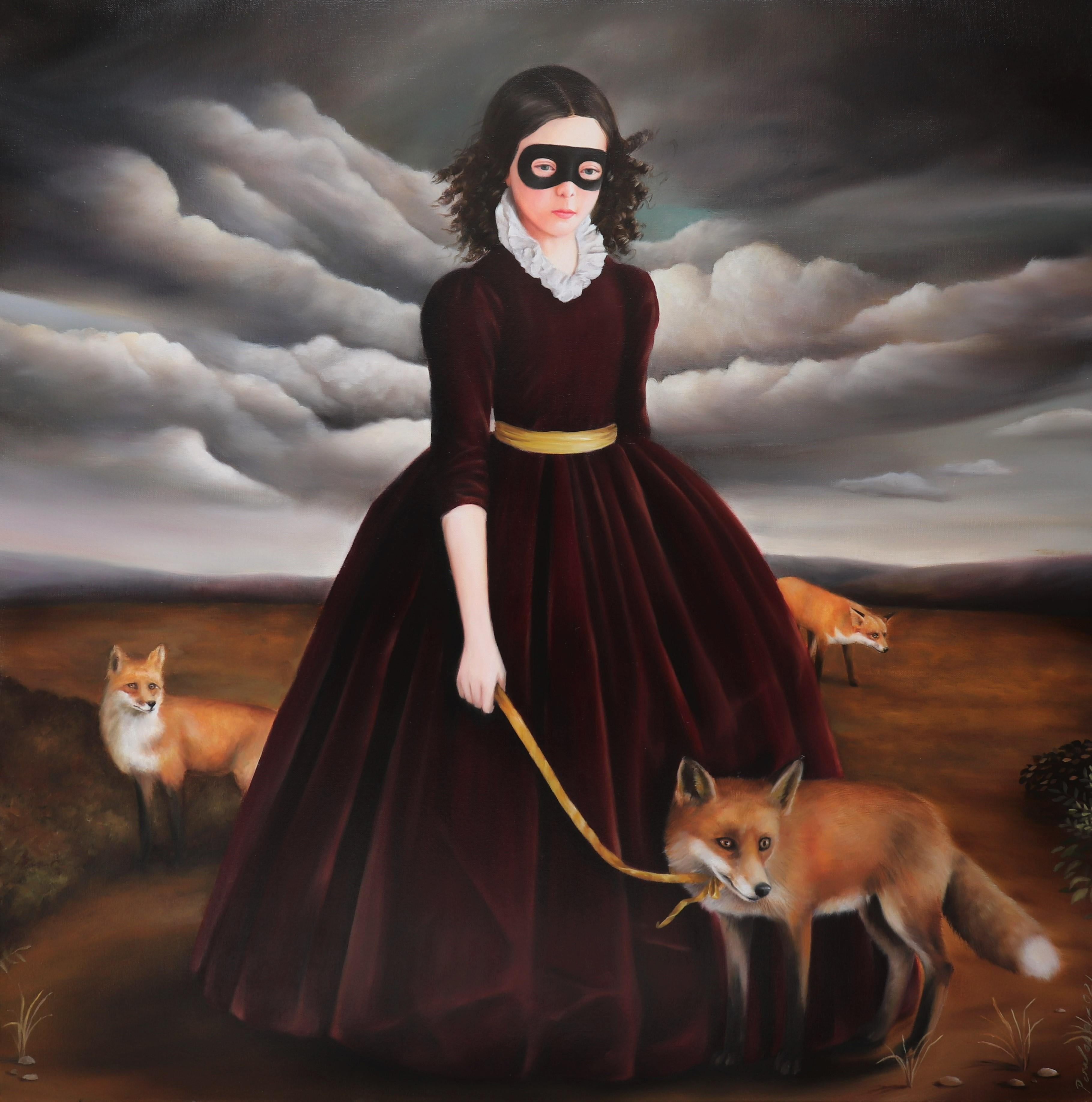 Penelope Boyd Figurative Painting - The Benefits of Outdoor Play - Masked Girl in a Old World Dress with Foxes