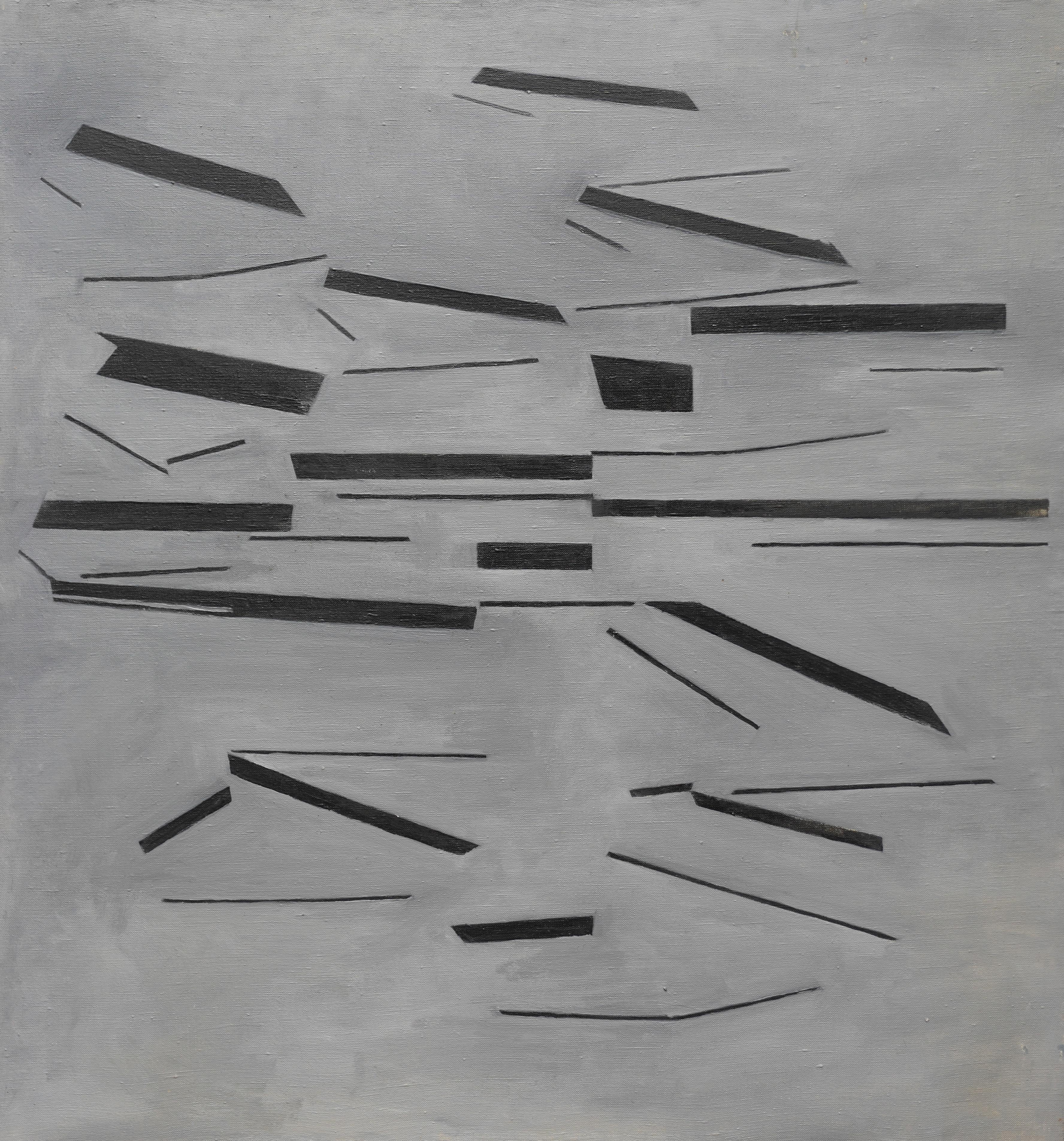 Black on Grey Conceptual Abstract - British 60's Conceptual art oil painting - Painting by Penelope Ellis