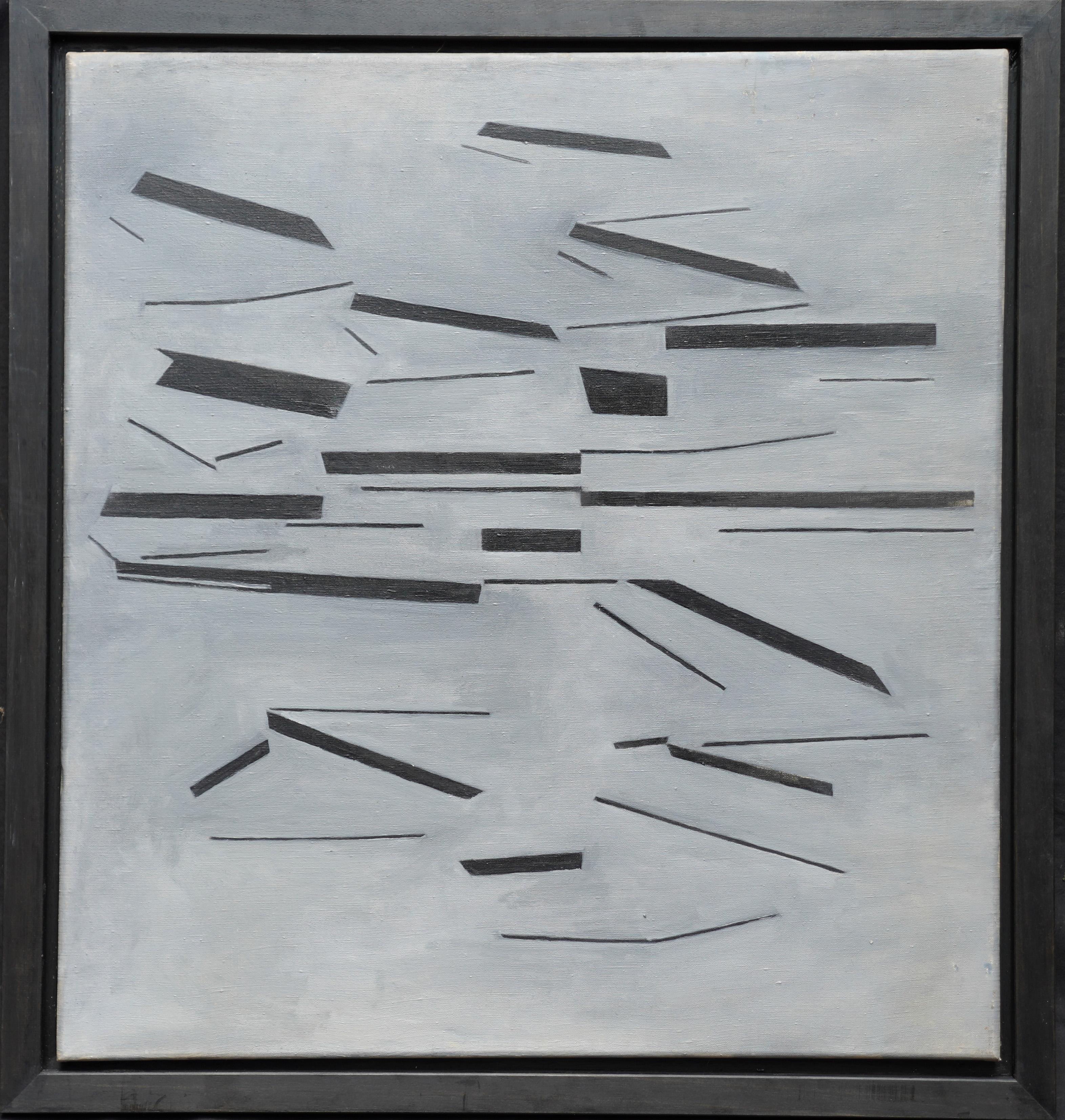Penelope Ellis Abstract Painting - Black on Grey Conceptual Abstract - British 60's Conceptual art oil painting