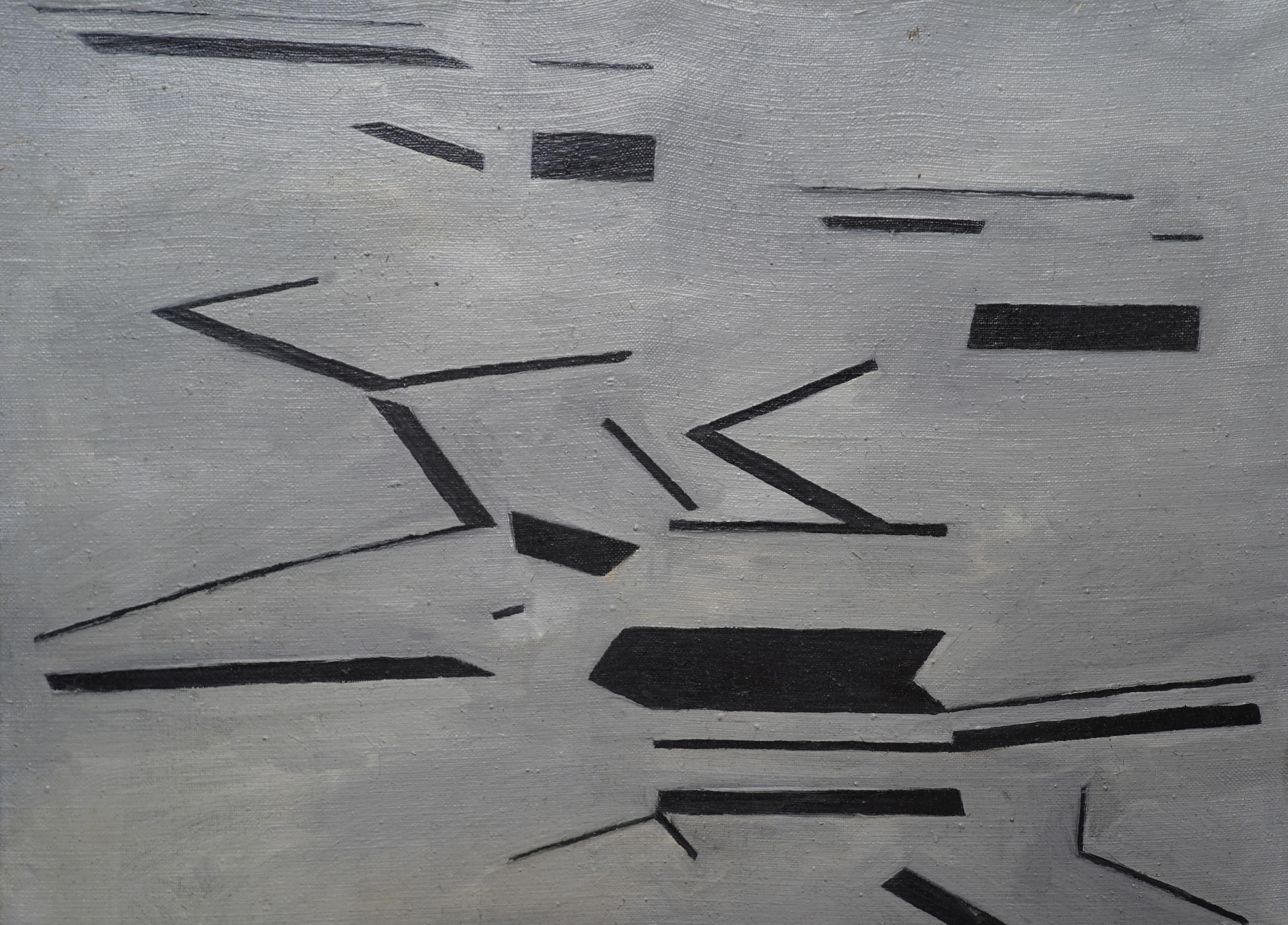 This striking conceptual abstract oil painting is by British artist Penelope Ellis. It was painted in 1963 in black on a grey background. A superb image and ahead of the conceptual ideas of the swing sixties and of Bridget Riley. 
Provenance: Family