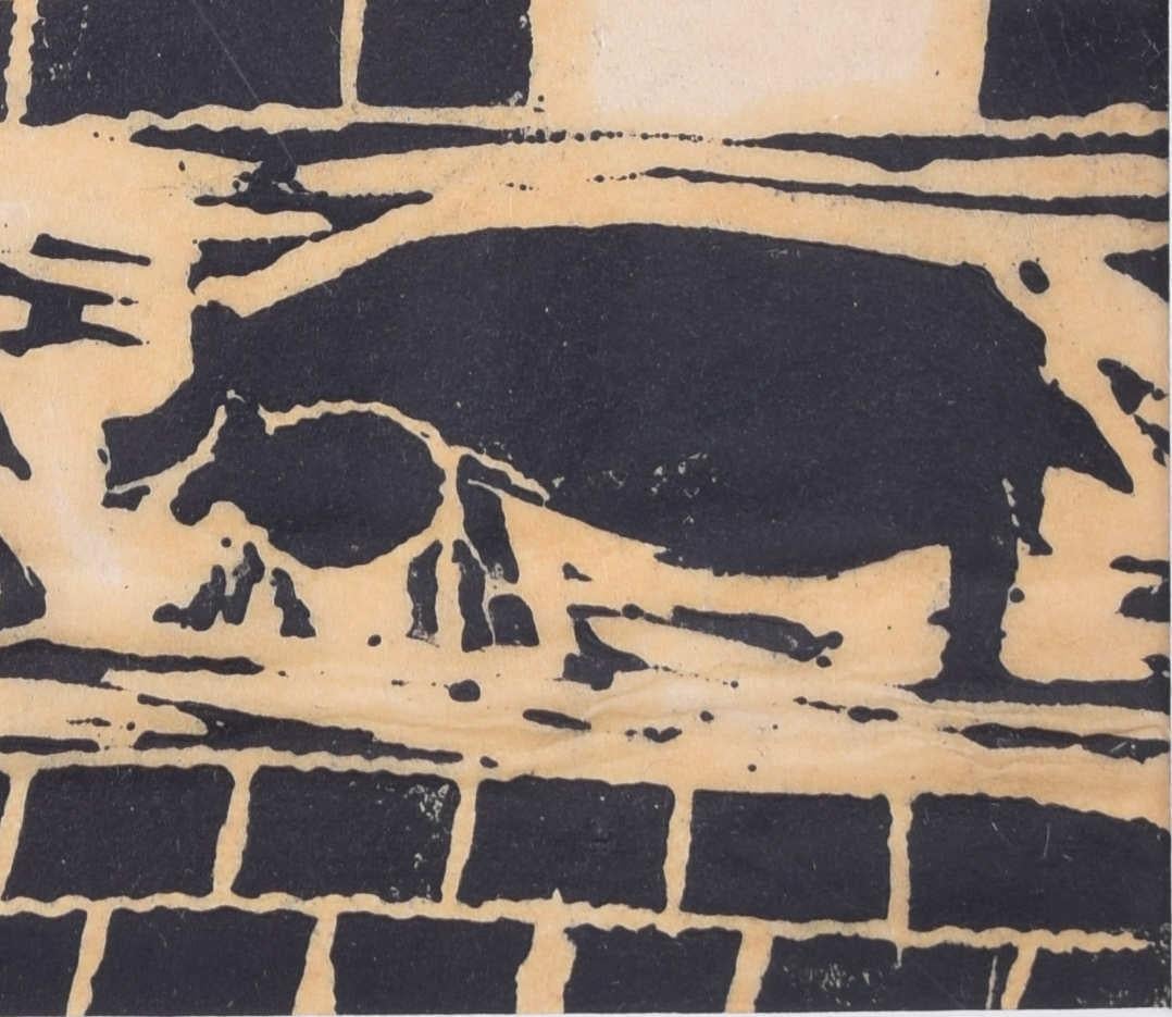 Wallowing in the Mud, woodblock print by Penelope Ellis For Sale 1