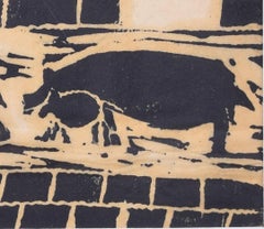 Wallowing in the Mud, woodblock print by Penelope Ellis