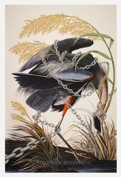 "Phragmites Australius, 2016" Print of Audubon Stork over-painted and printed