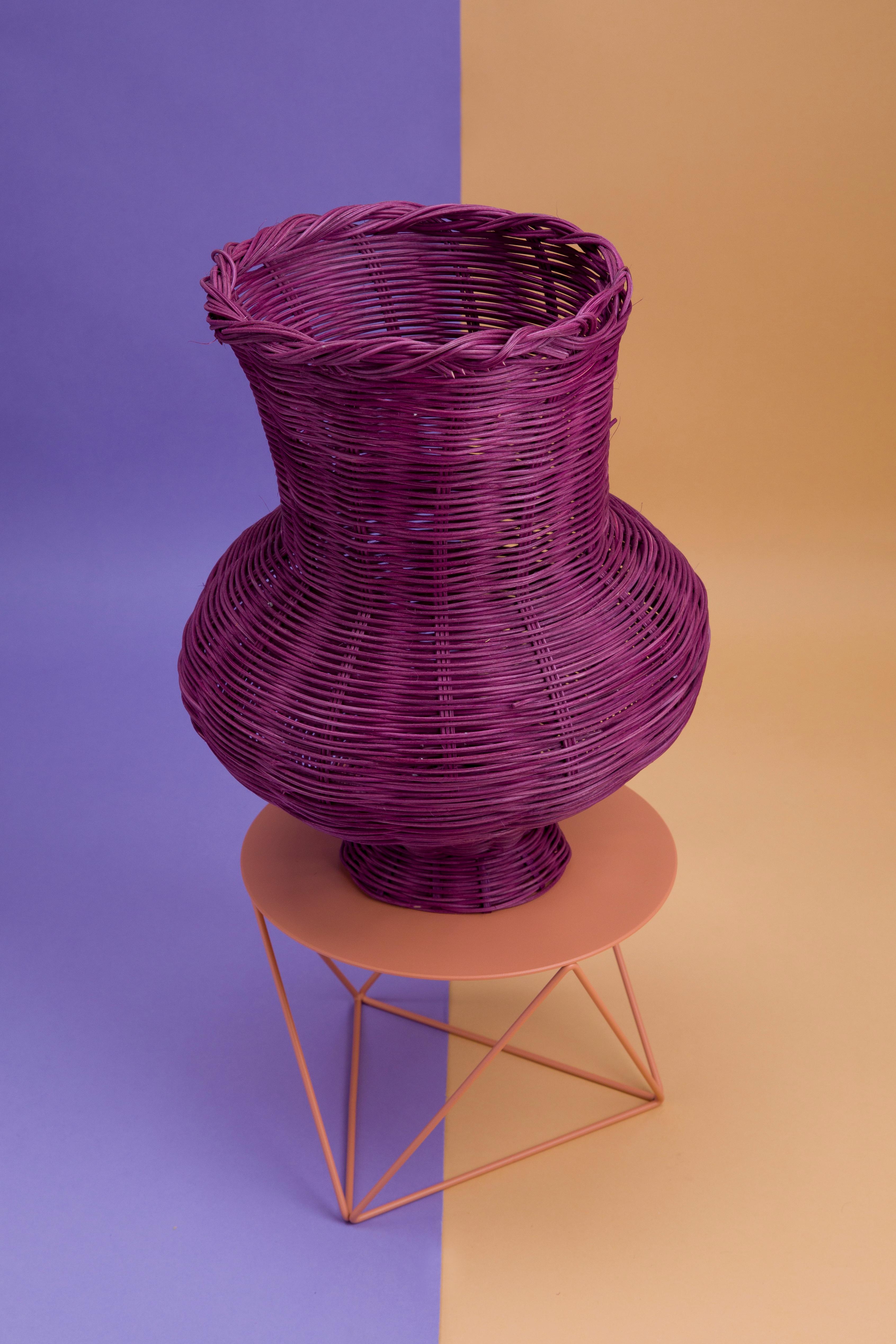 Modern Penelope Hand-Woven Vase in Plum Hand-dyed Reed