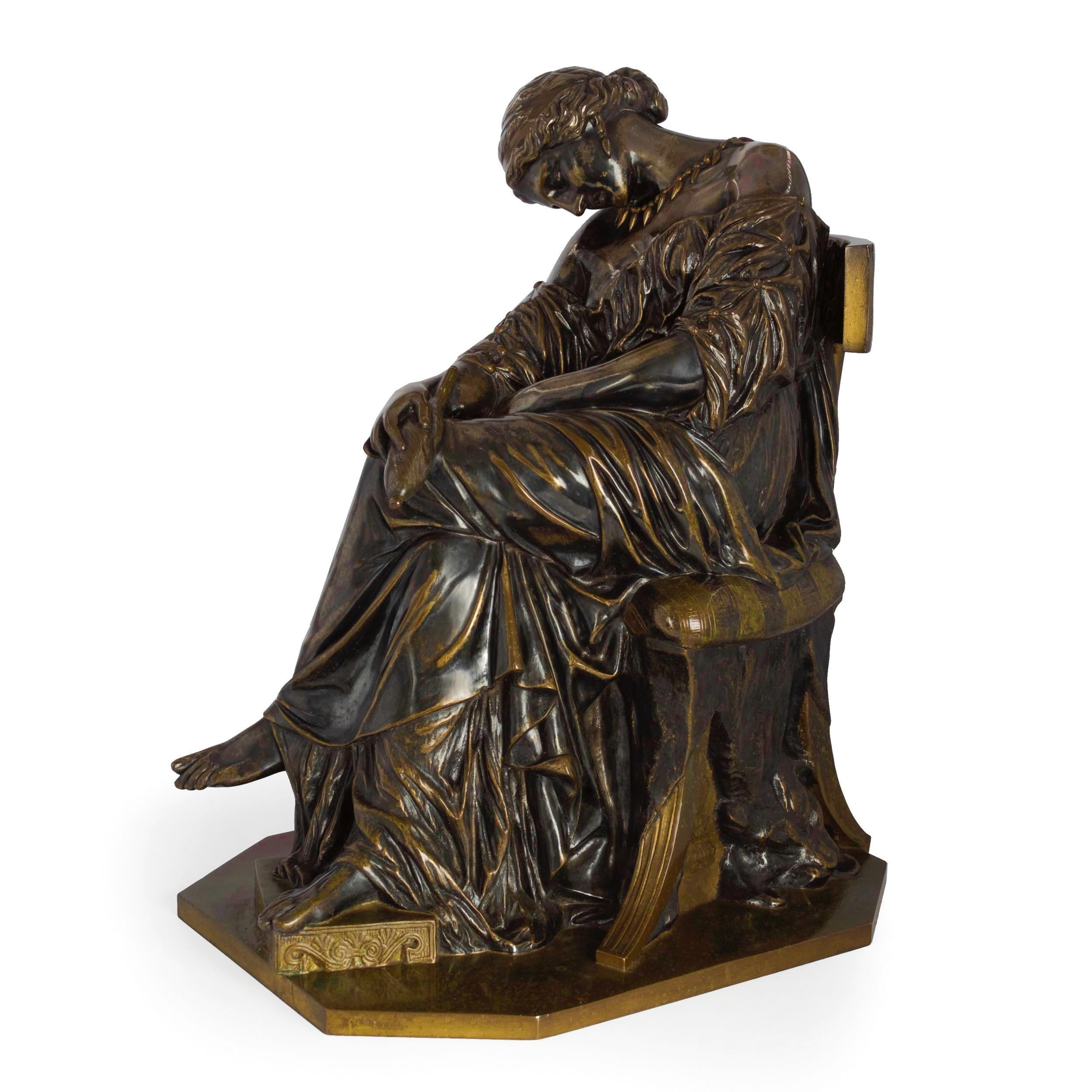This is a precious little antique bronze sculpture by Pierre Jules Cavelier, originally exhibited at Salon in 1842 as Femme Grecque Edormie in plaster, was later exhibited in 1849 as a marble sculpture under the title of Penelope. It was cast almost