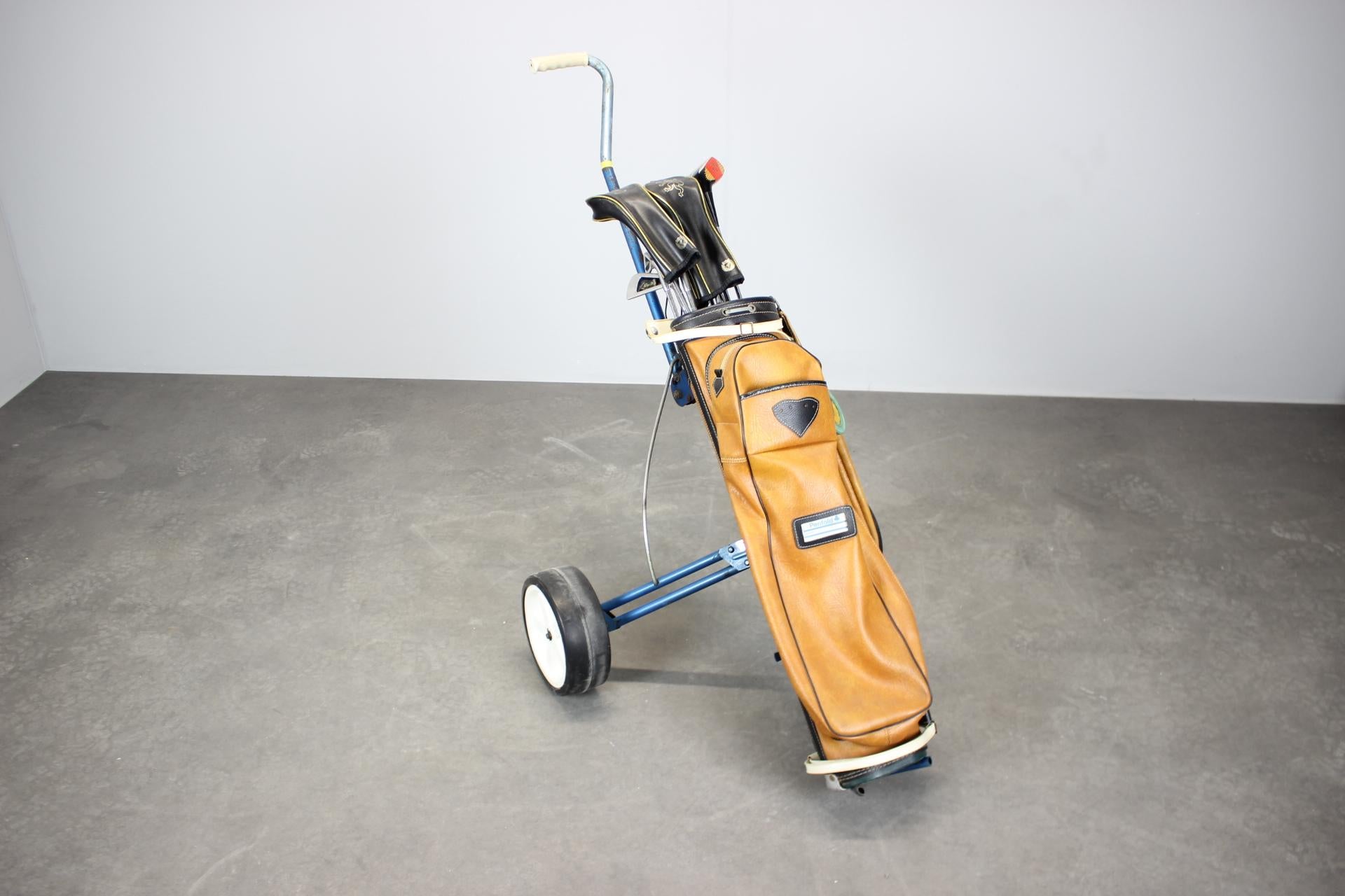 Eine sehr sammelwürdige, authentische, britische Golfcart-Tasche aus den 1960er Jahren vom etablierten englischen Hersteller Penfold Golf.

Mit 4 Original-Holzschlägern (1-4-Holz: Driver und Fairway-Hölzer) und einer kompletten Serie von 3-9