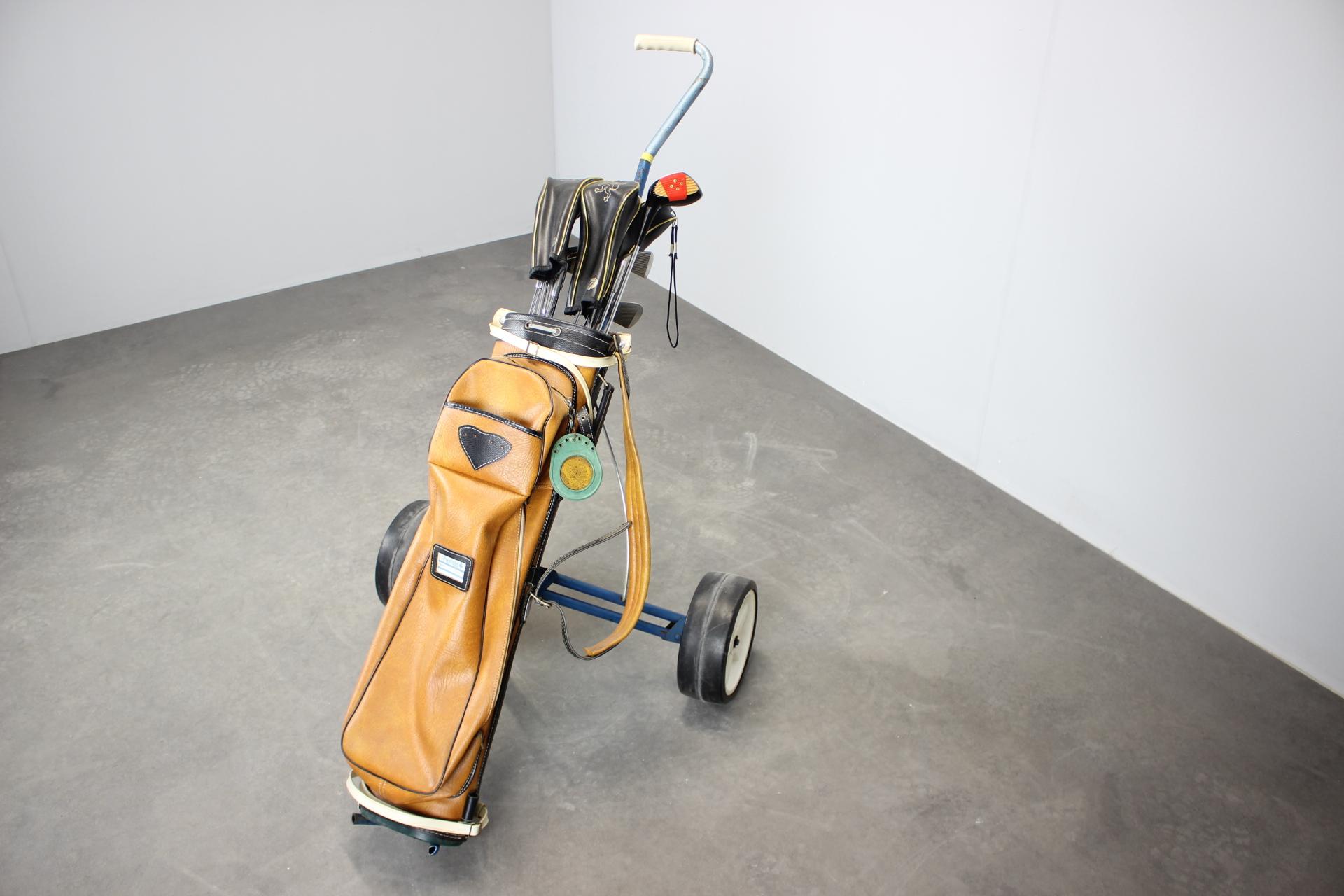 Penfold British Rolling Cart Golftasche aus den 1960er Jahren - Set aus Holzeisen und für im Zustand „Gut“ im Angebot in Praha, CZ