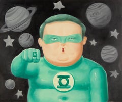 Olio su tela originale contemporaneo di Zhang Peng "Sogno dell'eroe della serie Chubby - Verde