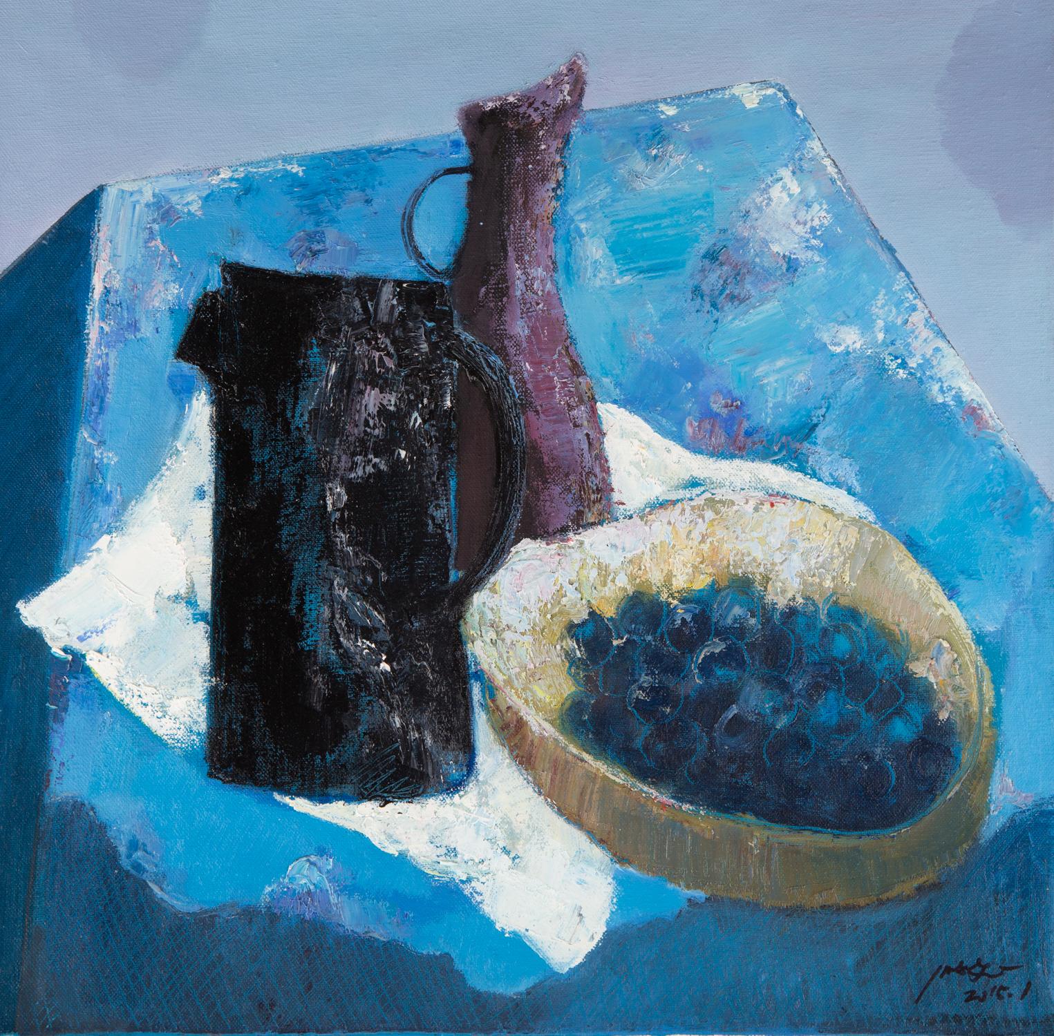  Title: Still Life-Blue 1
 Medium: Oil on canvas
 Size: 15.5 x 15.5 inches
 Frame: Framing options available!
 Condition: The painting appears to be in excellent condition.
 Note: This painting is unstretched
 Year: 2015
 Artist: Pengfei Wu
