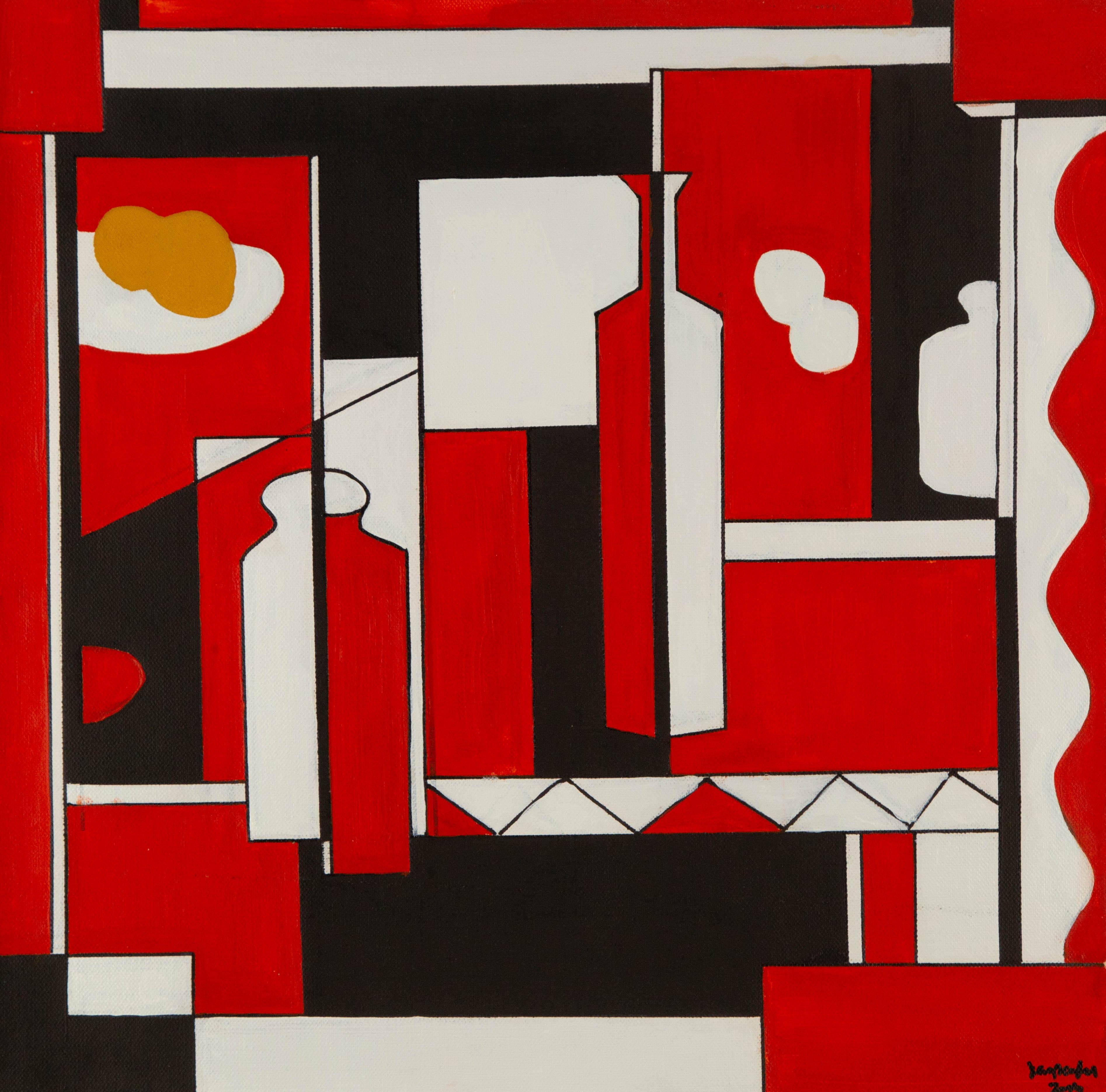 PengFei Yan Abstract Painting – Pengfei Yan Zeitgenössische Original-Mischtechnik "Geometrie - Rot"