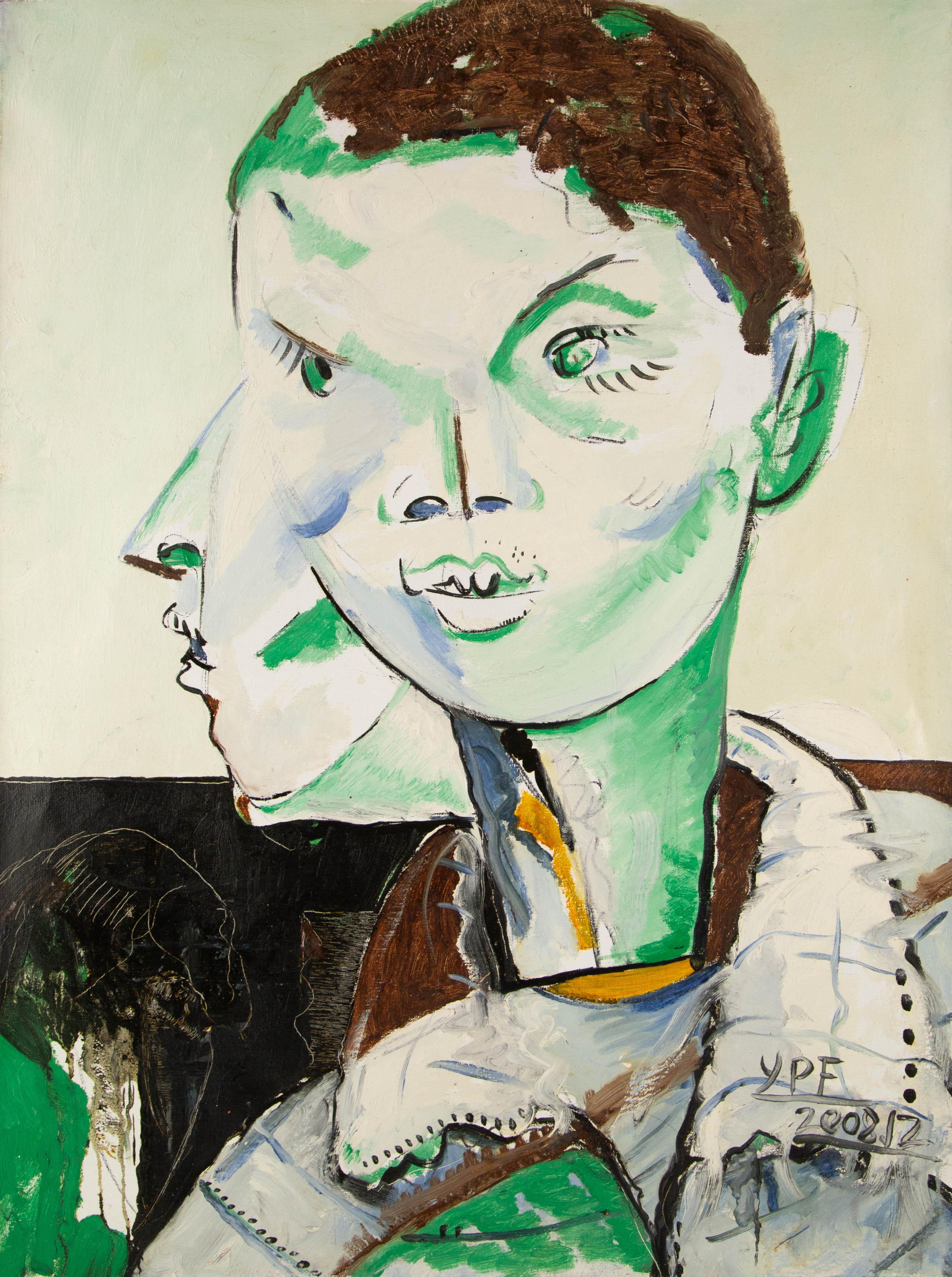 Pengfei Yan Cubismo Pittura ad olio originale "Serie geometrica - verde"