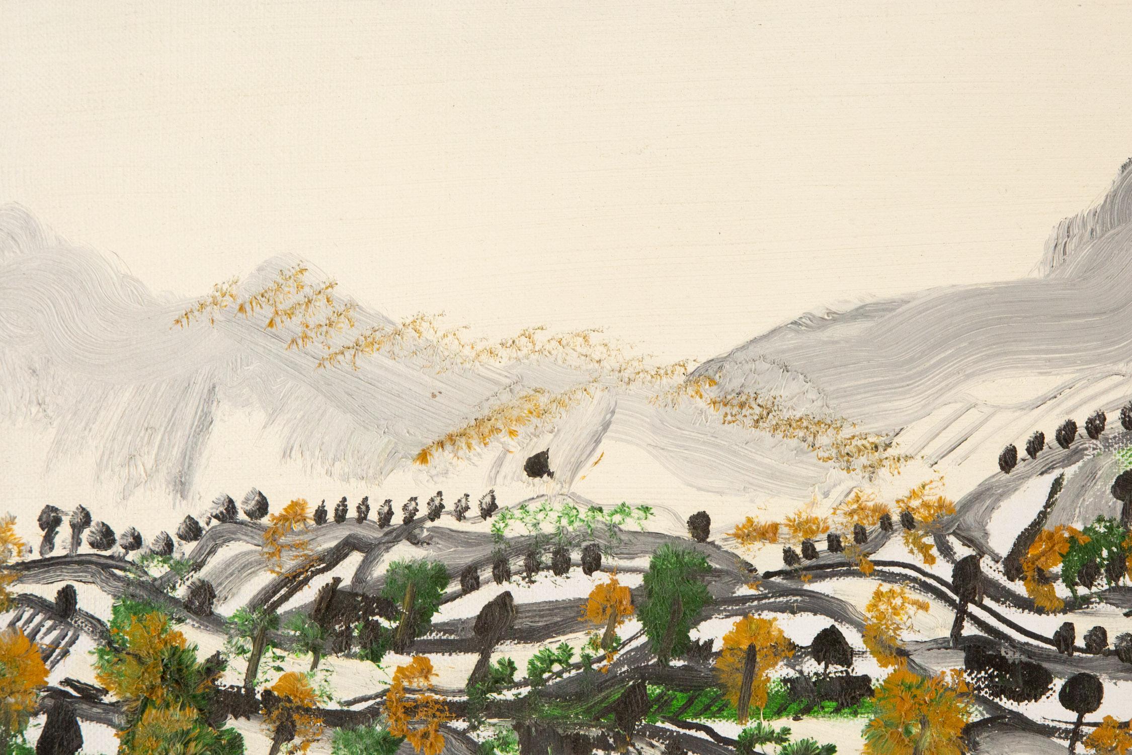 Huile sur toile originale PengFei Yan Landscape jaune et vert en vente 1