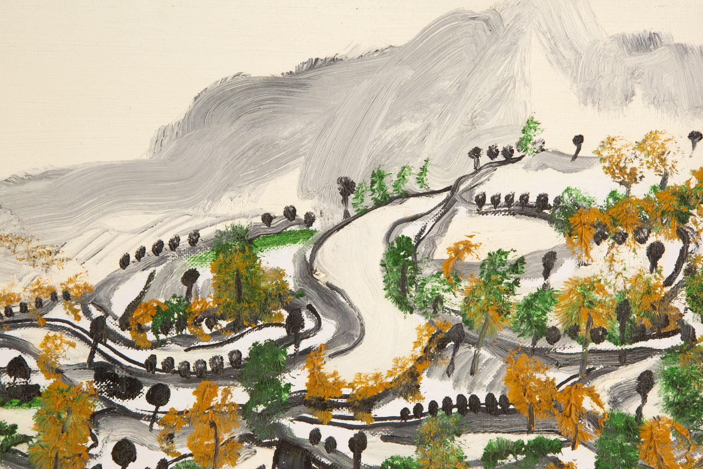 Huile sur toile originale PengFei Yan Landscape jaune et vert en vente 3